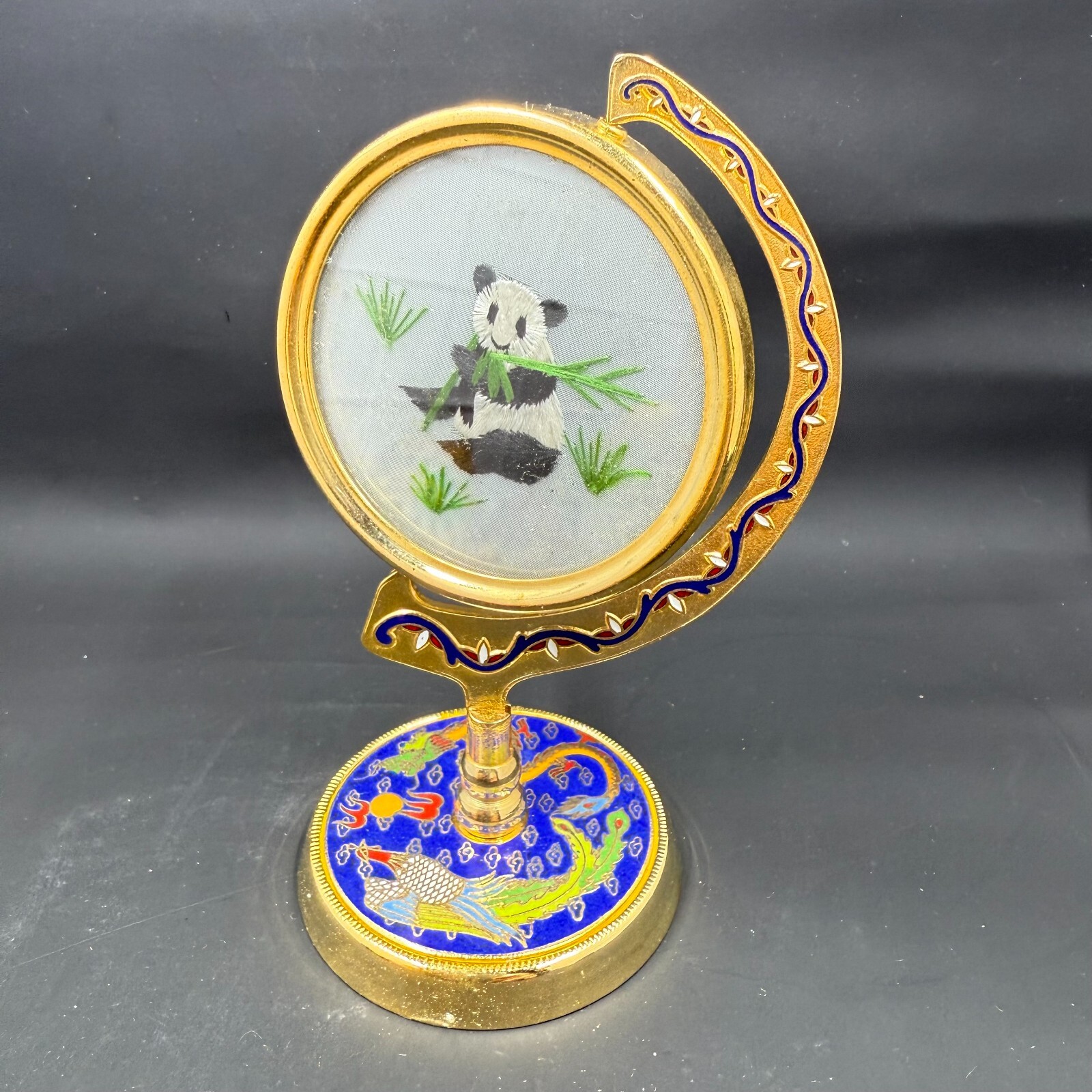 Vintage Suzhou Chinese Silk Embroidered Panda Cloisonné Enamel Metal Stand