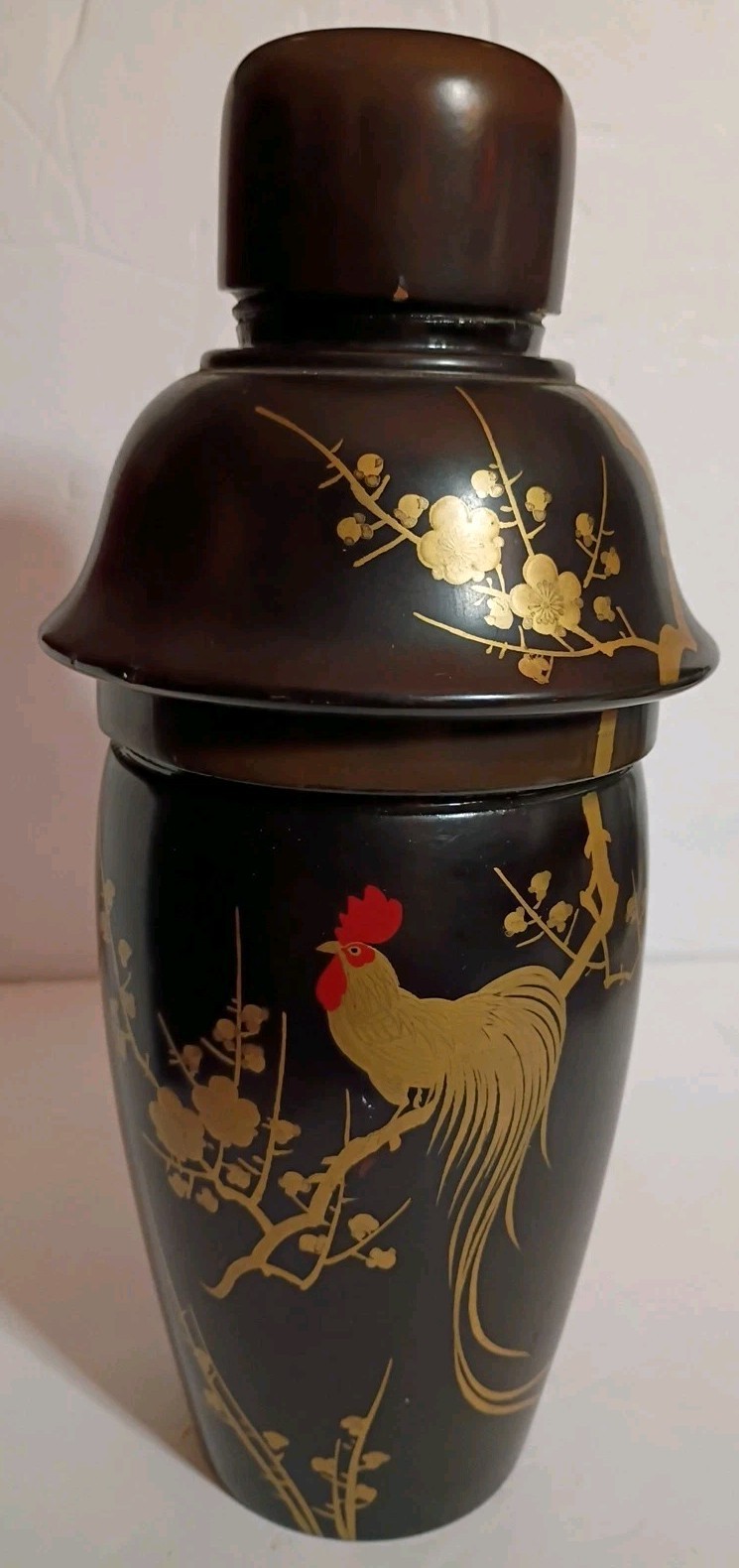 Beautiful Fighting Gold Rooster Chicken Black Lacquer Wood Shaker & 5 Cups China