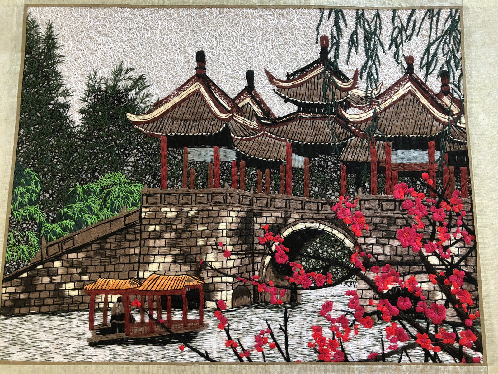 Asian Oriental Chinese Silk Hand Needlepoint Art With Silk Brokade Chinese NEW