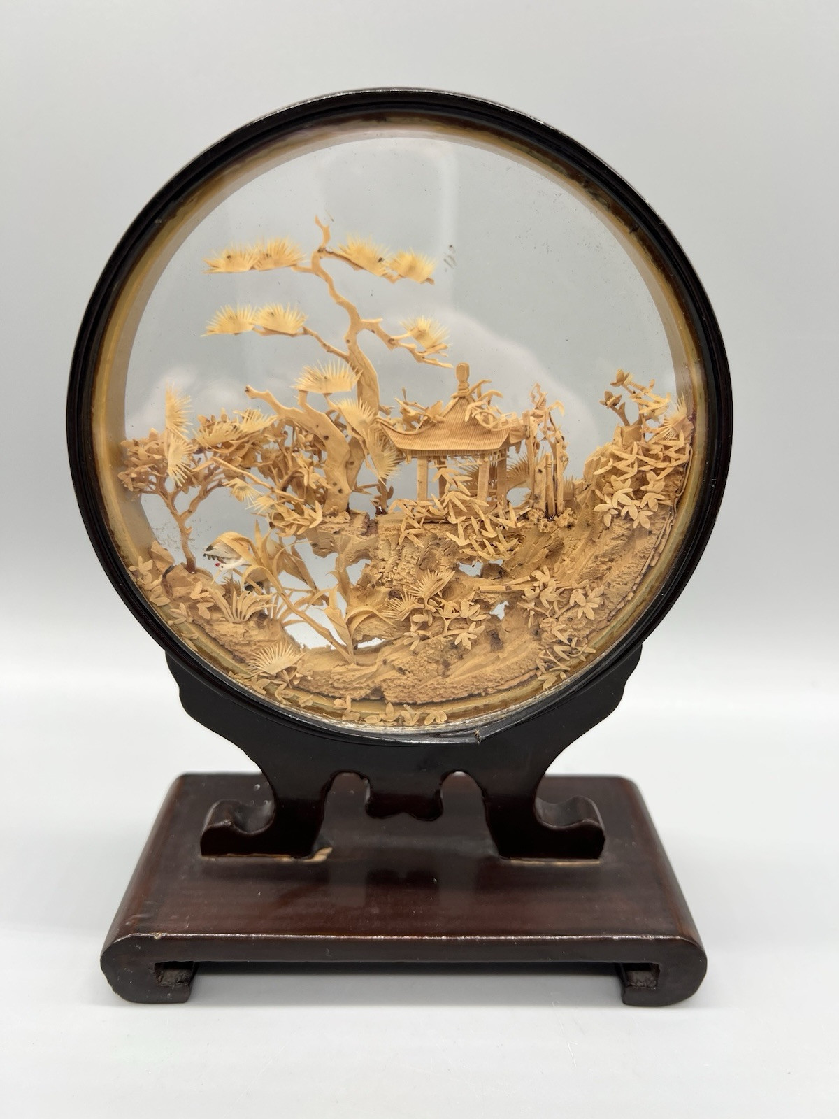 Vintage Chinese Cork Carving Encase Round Diorama Pagoda Trees Cranes 7″