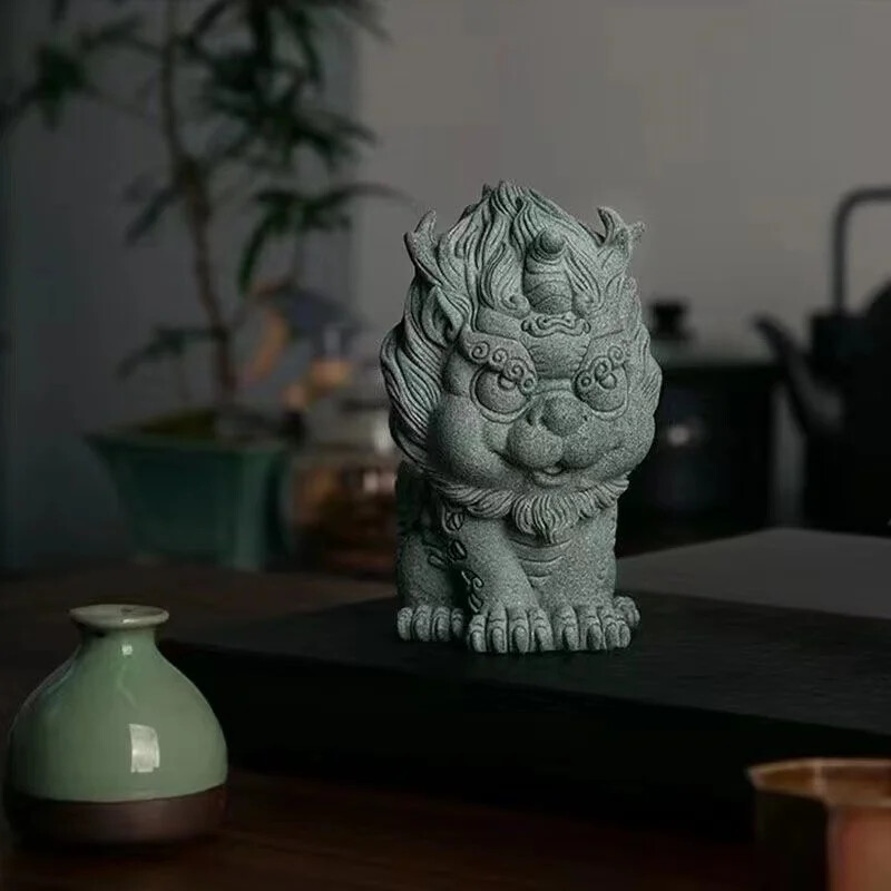 Chinese Style Rui Beast Kirin Statuette Green Sand Stone Art Sculpture Home Room
