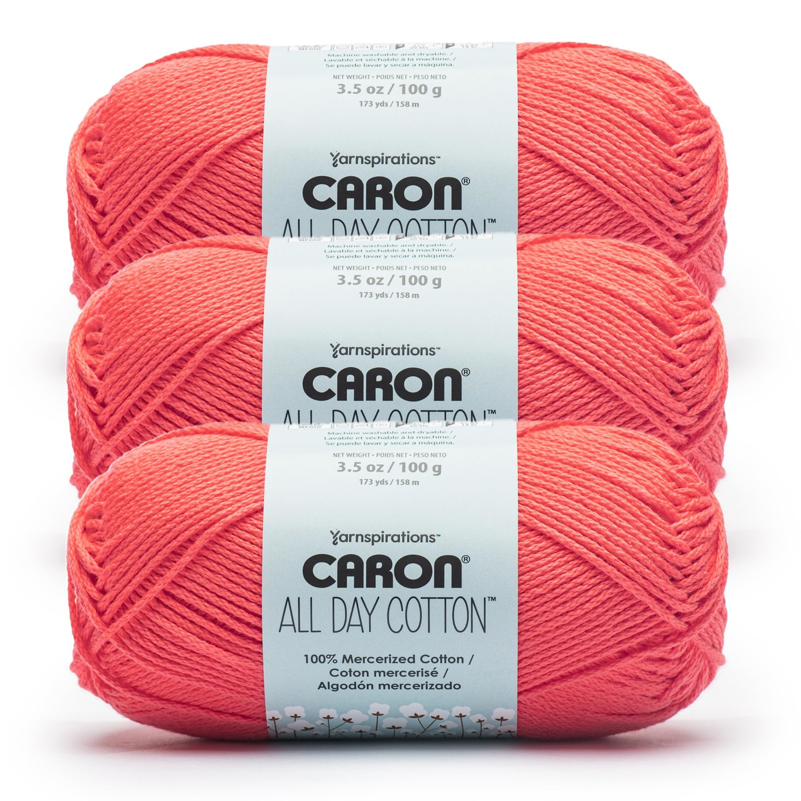 Caron All Day Cotton – 3 Pack of 173 Yards/3.52 oz, Medium, Watermelon