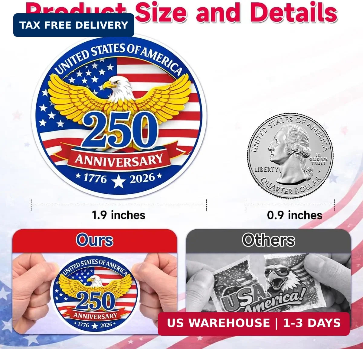 500 PCS 1.89″ Patriotic 250th Independence Anniversary Stickers Roll Round Ameri