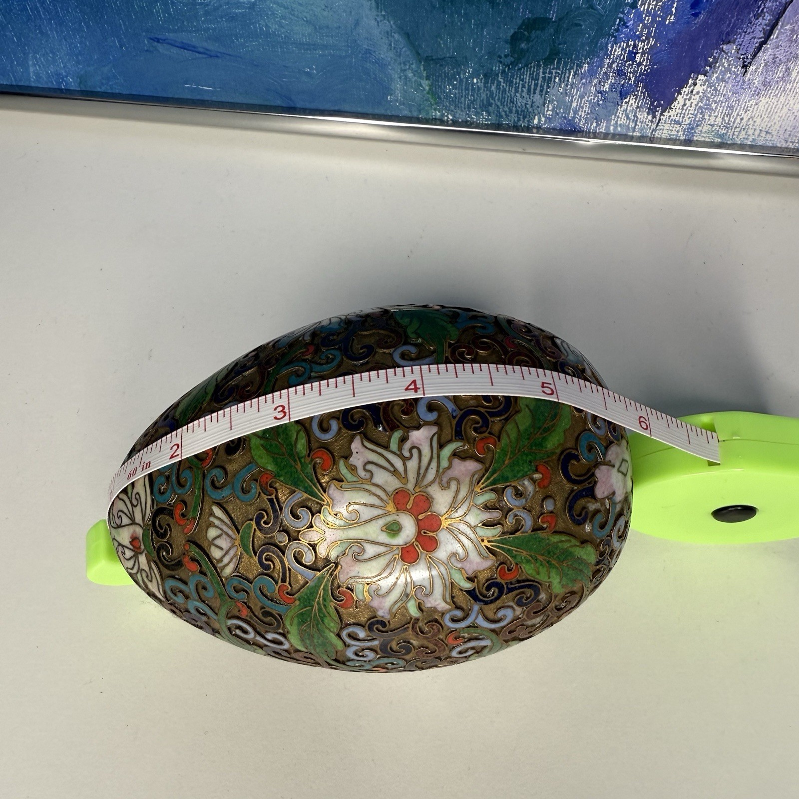Chinese Cloisonné Metal Egg with Glass Display Stand Vintage Floral Enamel Lotus