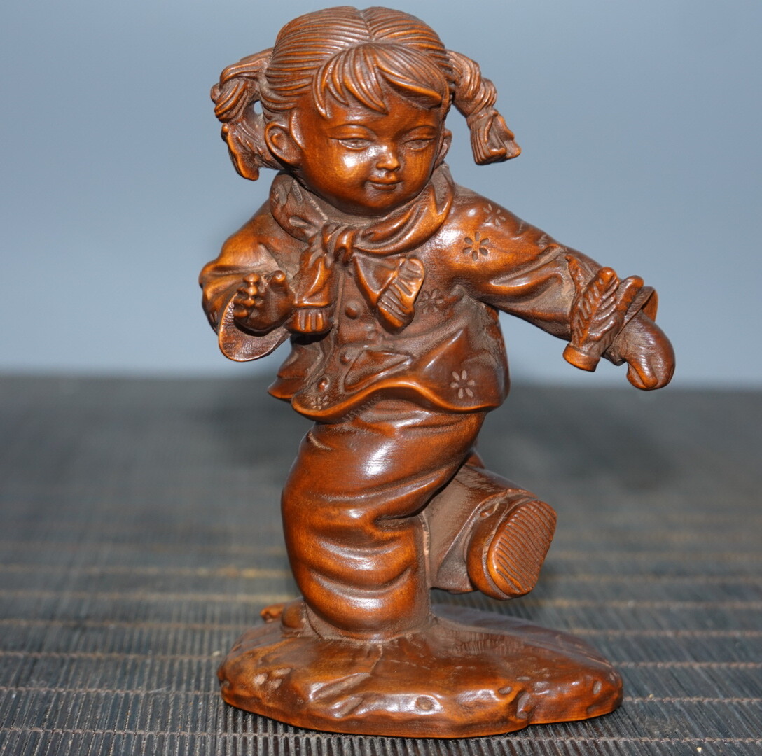 4.5″ Collect China Box-wood Carving Naughty Young Boys and Girls Statue Pair