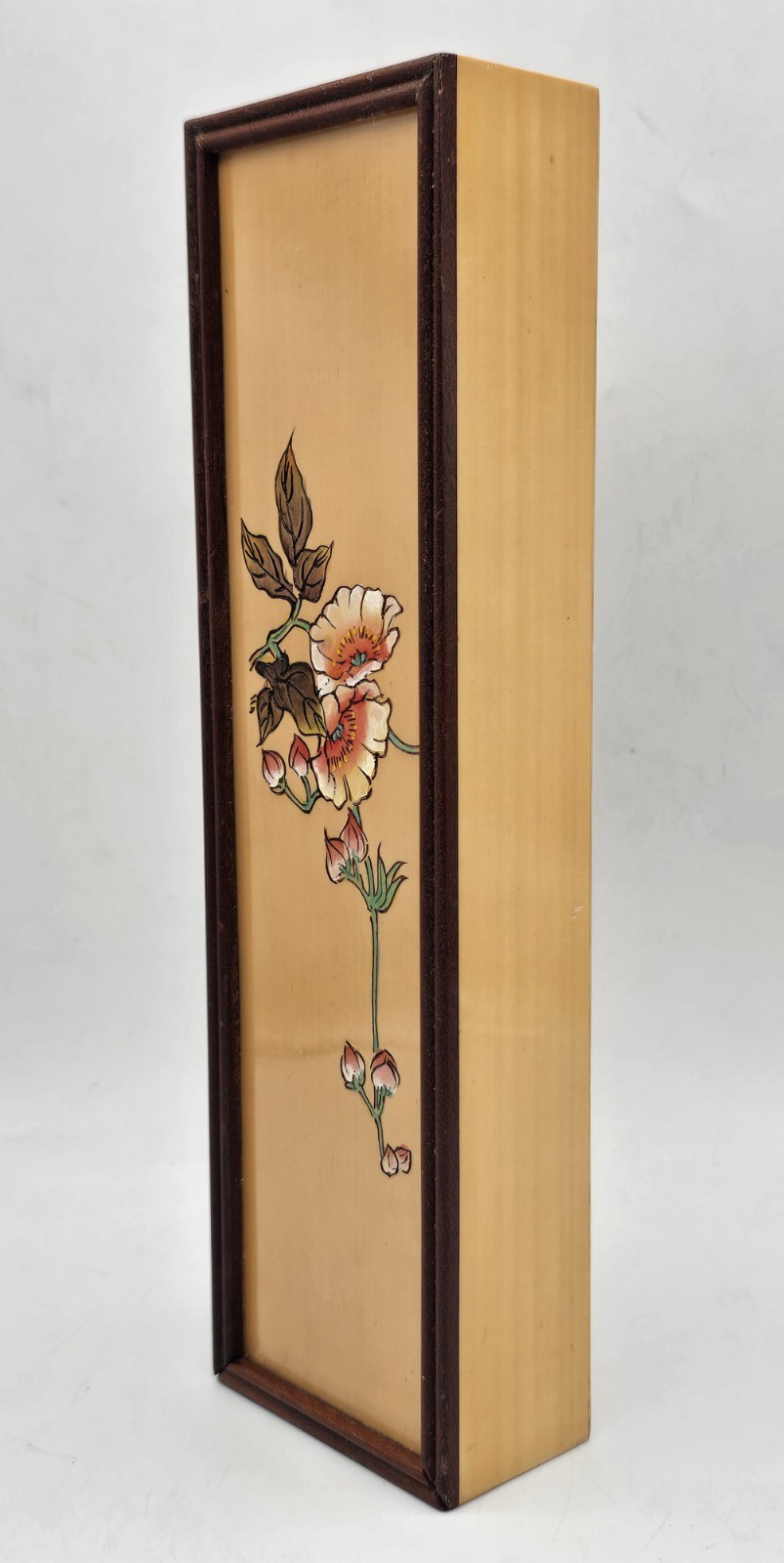 Vintage Chinese Acrylic Faux Wood Hand Painted Trinket Pencil Sliding Box GREAT!