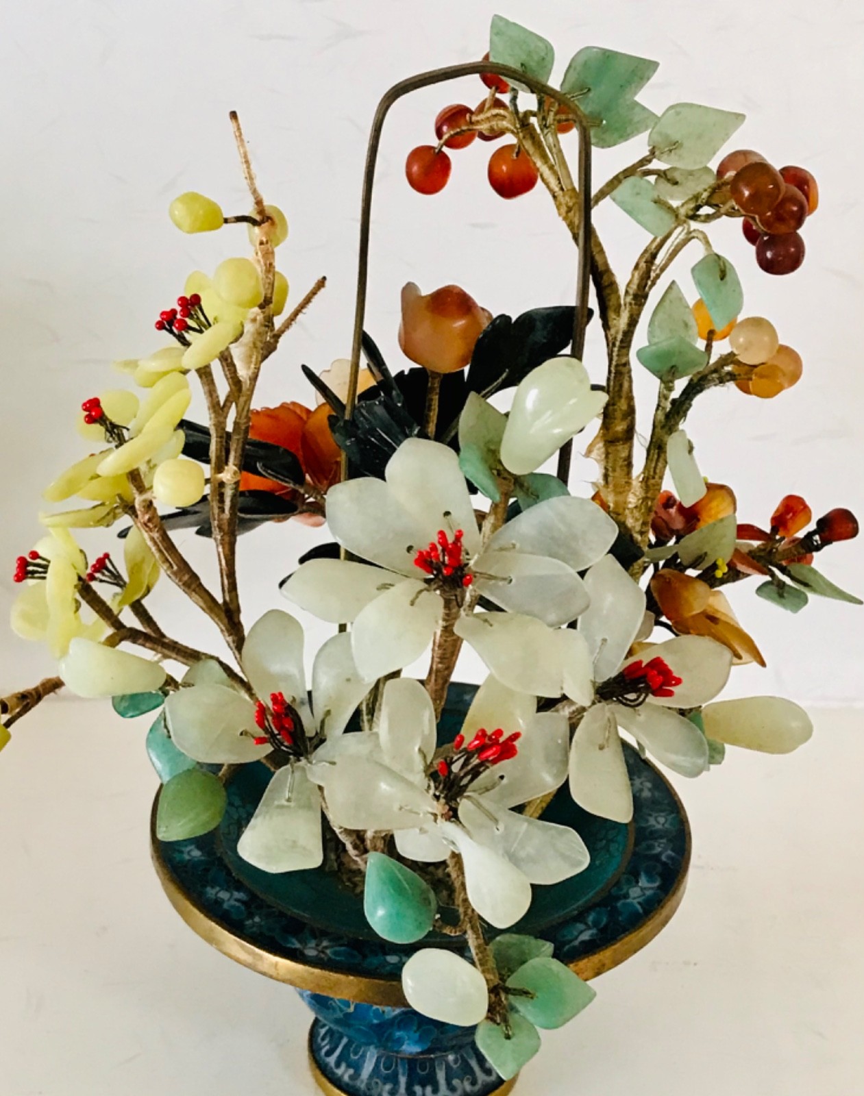 Chinese Cloisonne Jade Tree Flower Basket 8″ Inches Tall