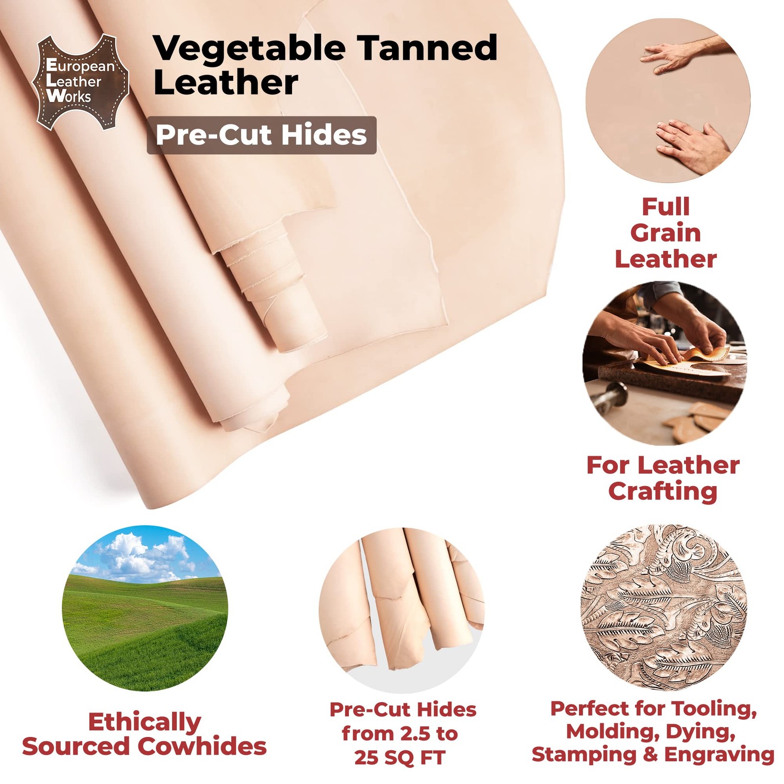 European Leather Works Elw Vegetable Tanned Leather Shoulder Pre-Cut 4-6 Sq Ft