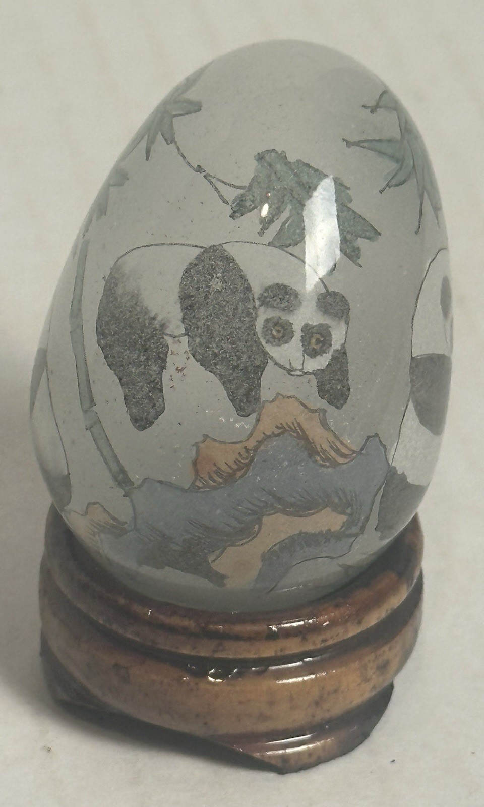 Asian Panda Bears Mini Hand Painted Solid Glass Egg