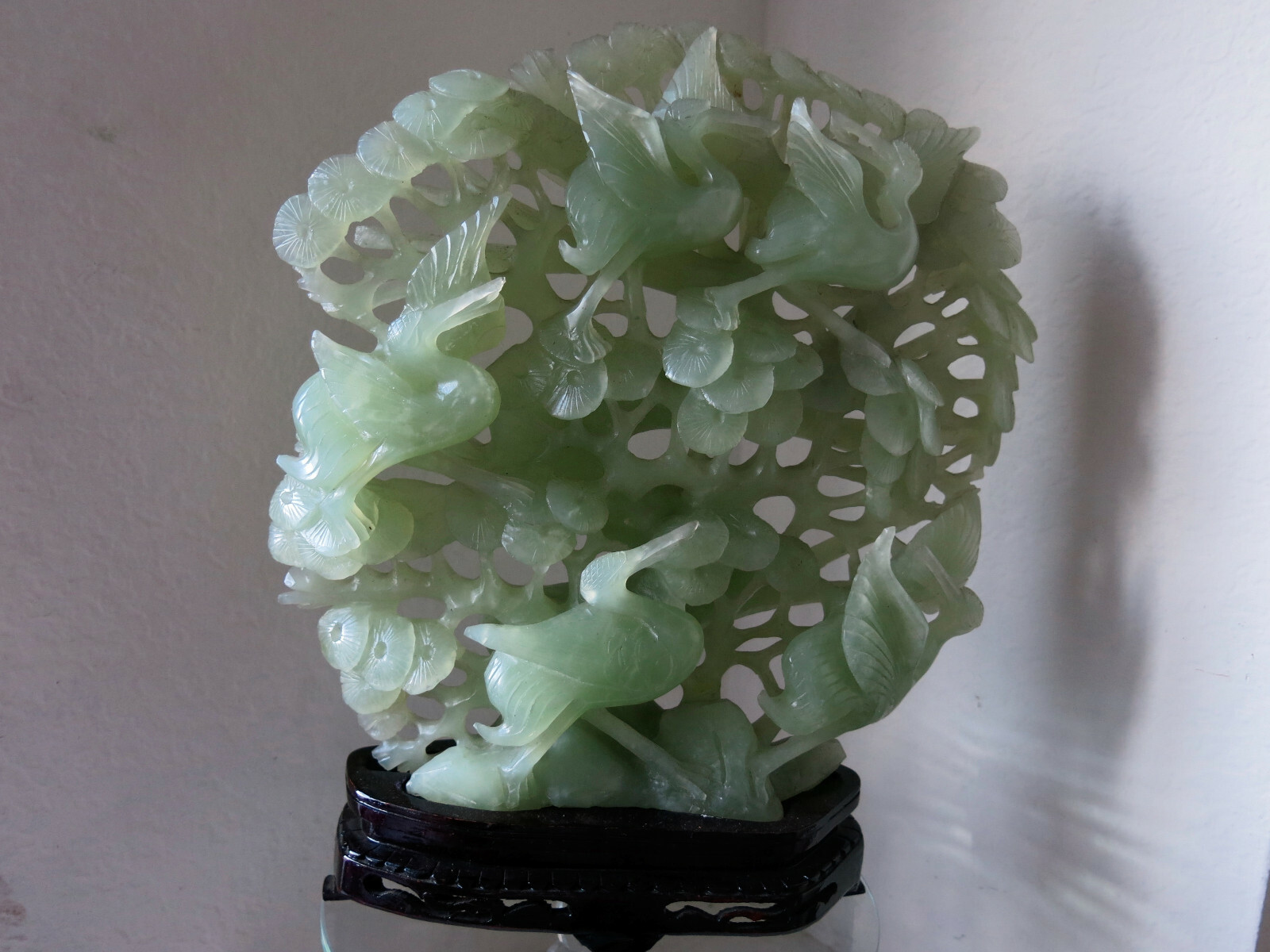 Asian Vintage Jade See Thru, 2 Sided Detail, Lt. Green Cranes & Tree, 11″ x 12″