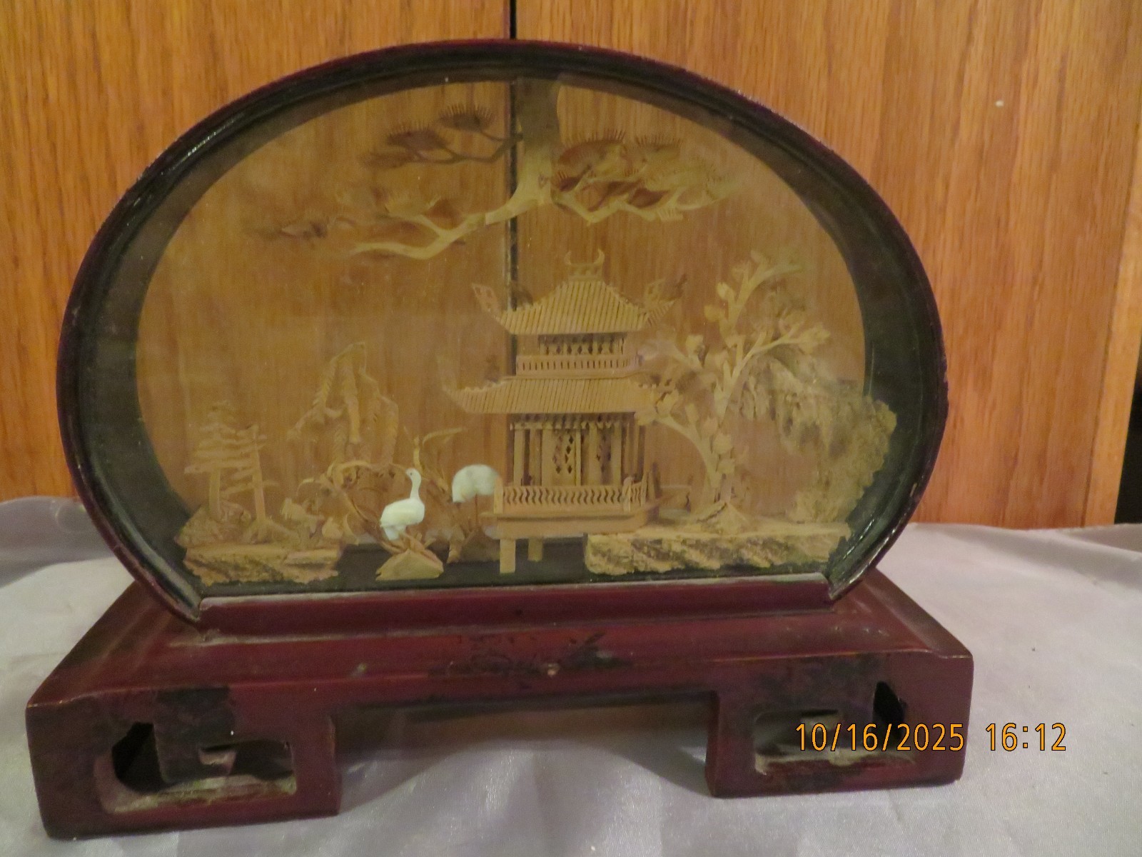 Vintage Chinese Cork Art Hand Carved Diorama Lacquered Pagoda Cranes Trees