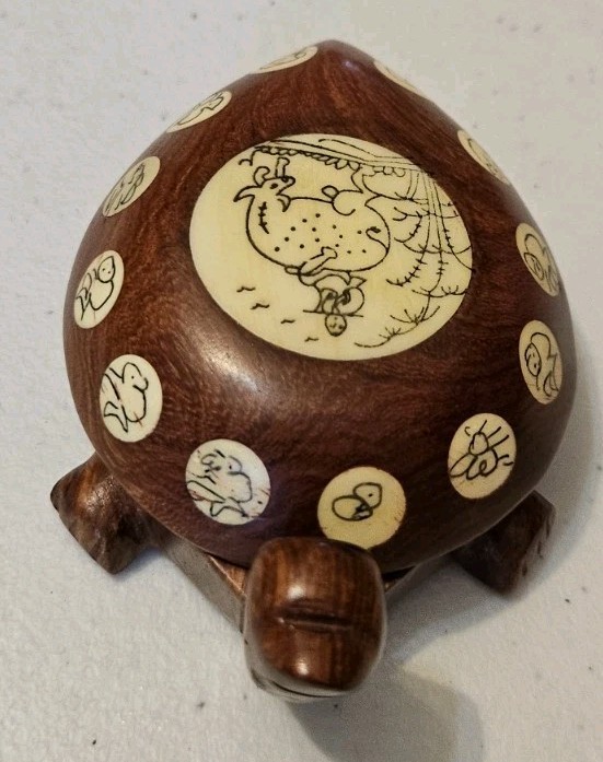 Asian Carved Wooden Turtle, Opens with Compass and Zodiac Signs
