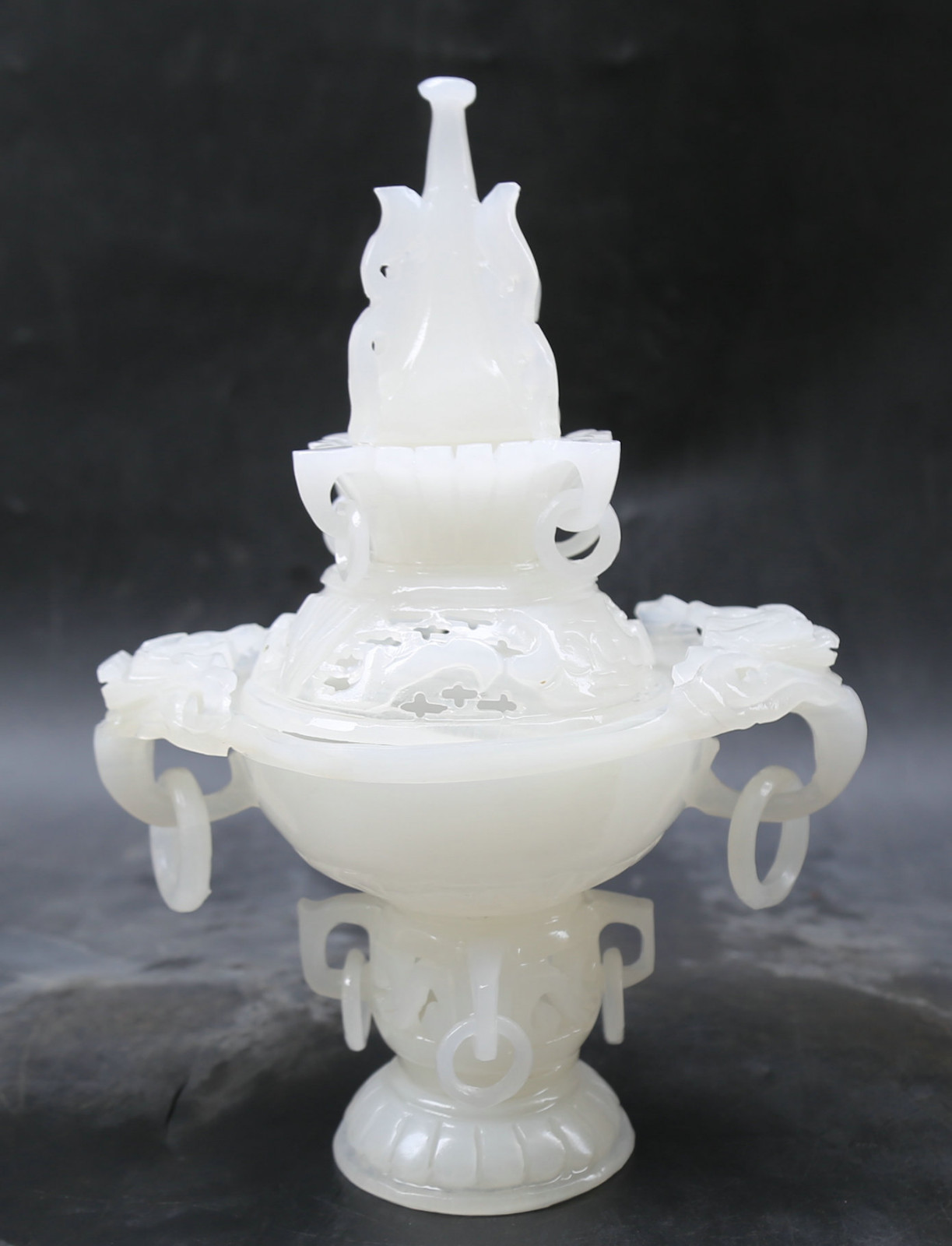10″ Chinese White Jade Hand Carved Lovable Animal Dragon Incense Burner Censer
