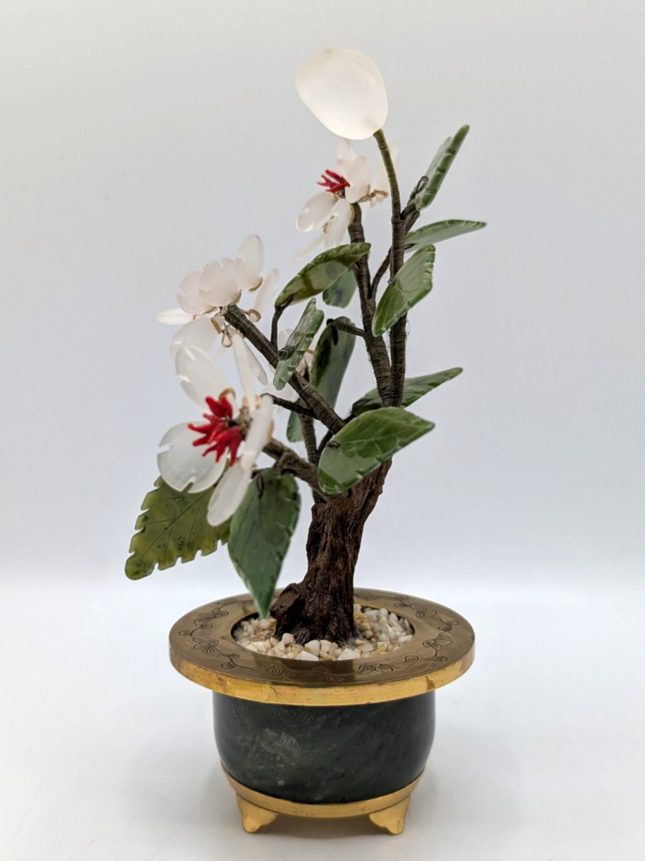 Bonsai Tree Sculpture 8 inch Semi Precious Stones Jade Brass Pot Hong Kong