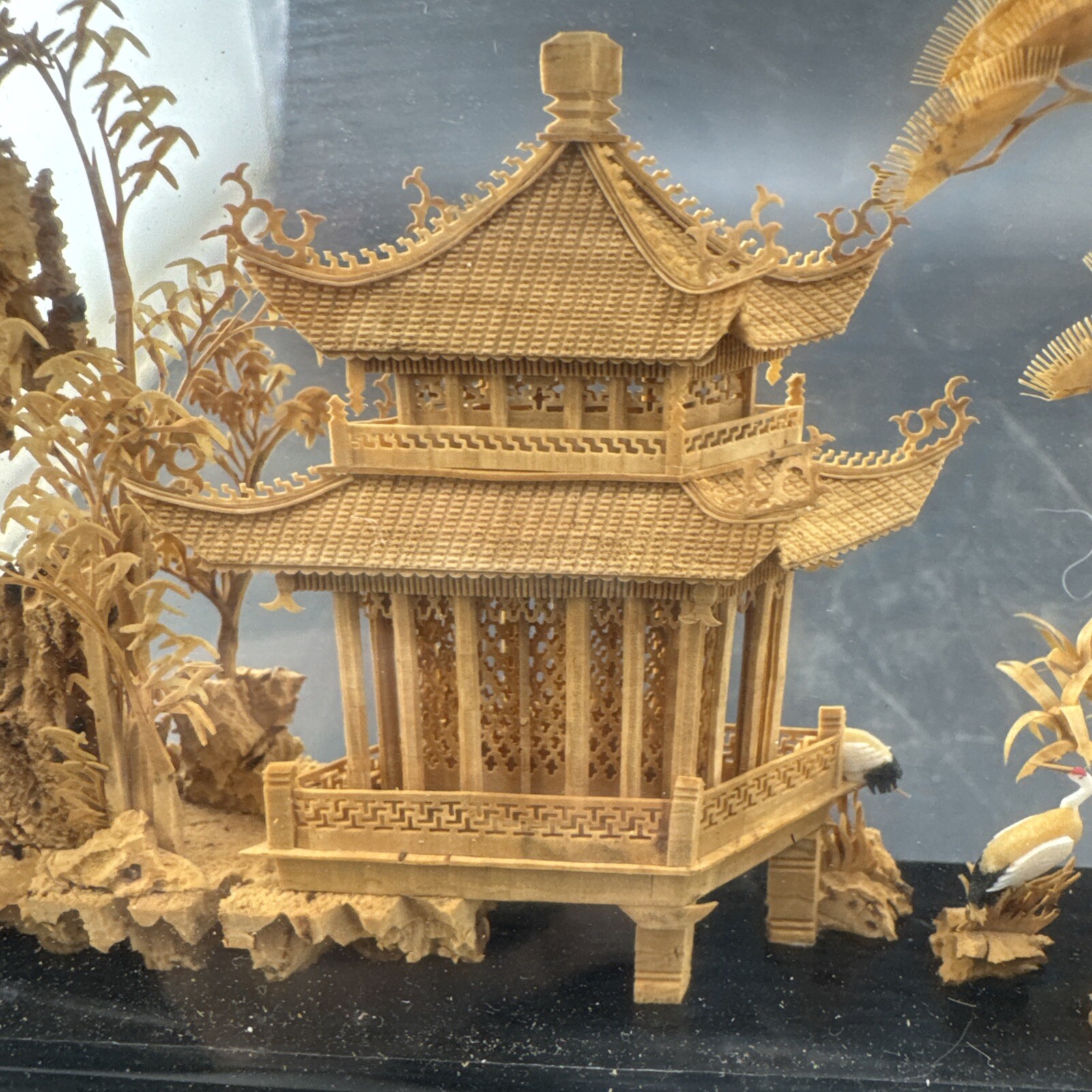 Vintage Chinese San You Cork Art Hand Carved Diorama Pagoda Cranes Trees