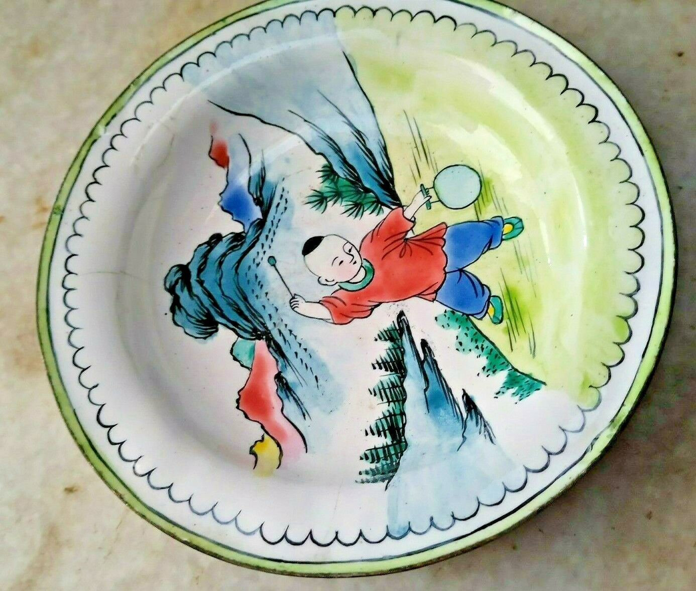 MINIATURE CHINESE PLATE WITH MULTICOLOR ENAMAL PAINTING ON BRASS VINTAGE COLLECT