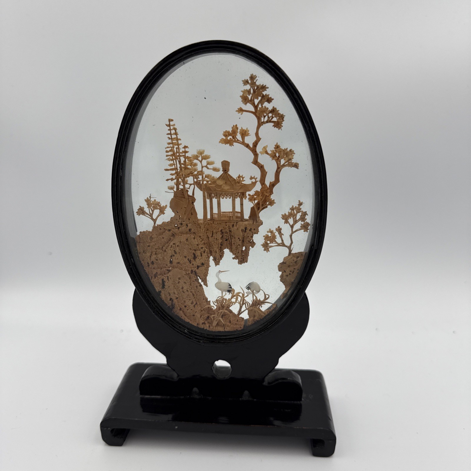 Vintage Chinese Diorama Cork Carving Glass Case Pagoda/Trees/Cranes 8”
