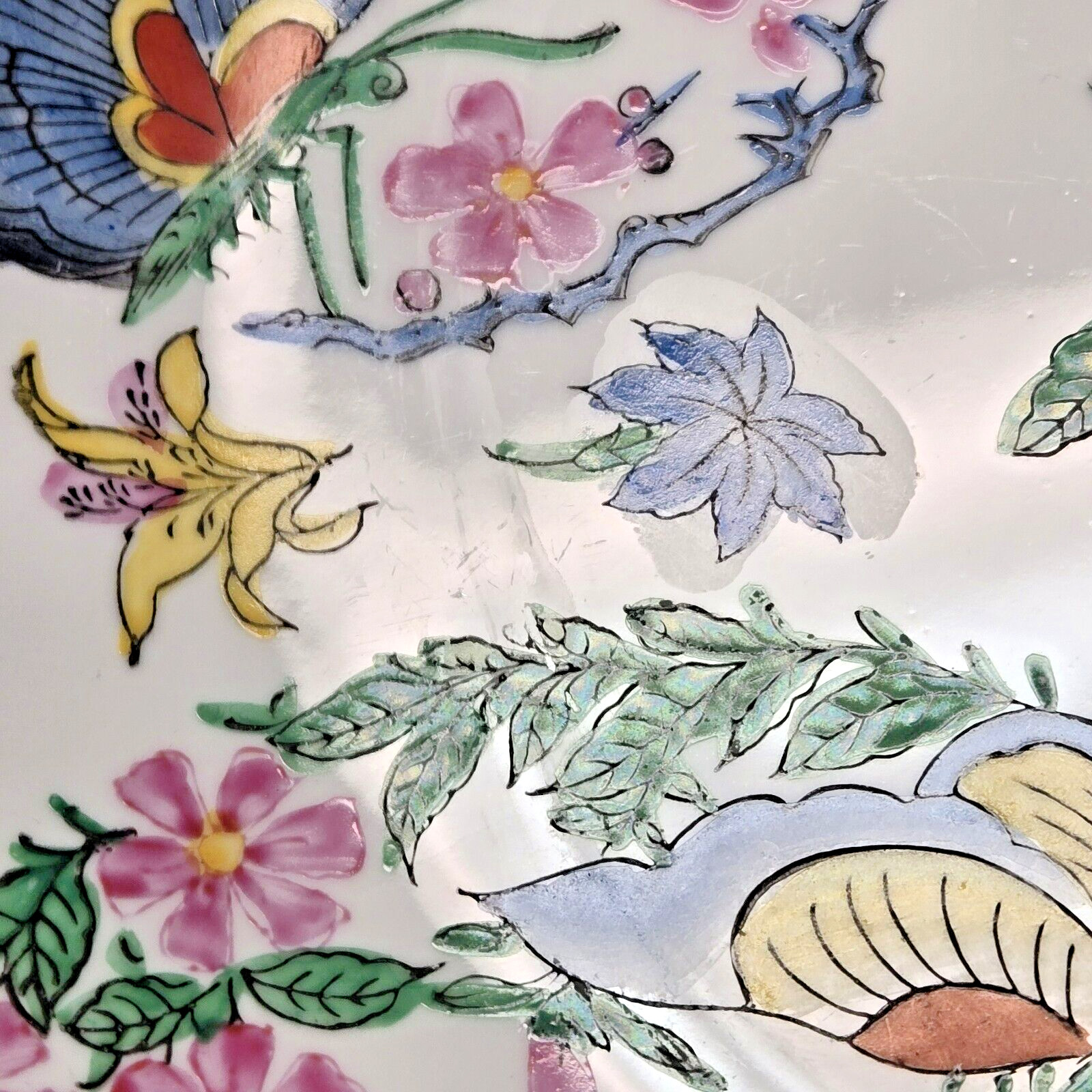 Lg. Chinese Porcelain 14″ Bowl w Brass Stand Hand-Painted Butterflies & Flowers