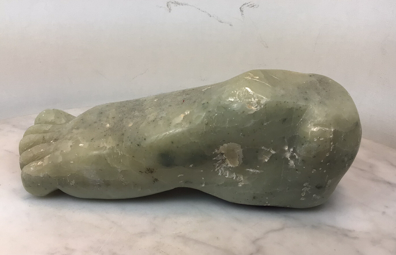 Vintage Heavy Green Stone Jade? Foot Sculpture Paperweight 8” long Rare