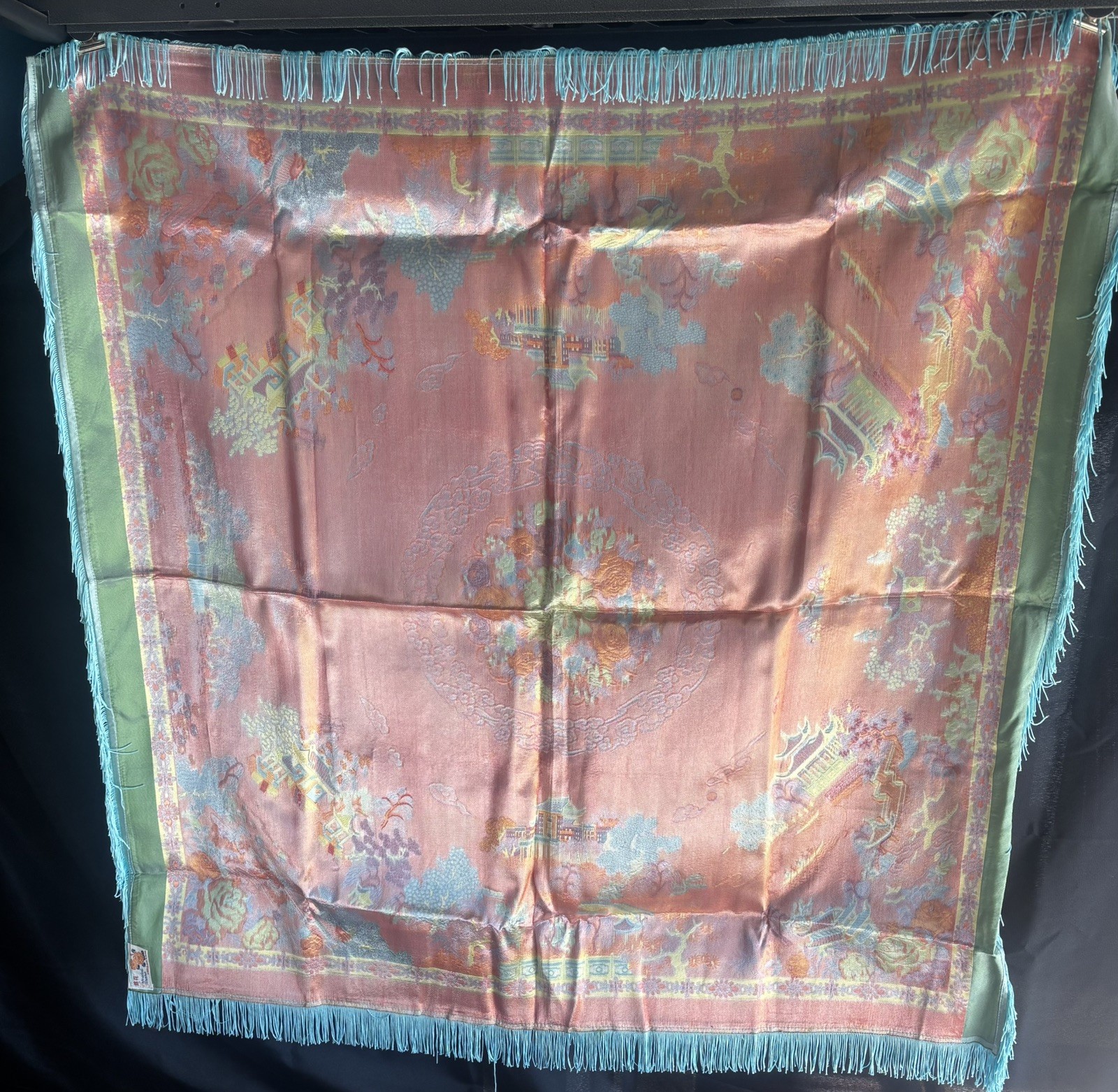 Vintage Silk Brocaded Flowers China Tapestry Table Cloth Box Bright Blue Fringe