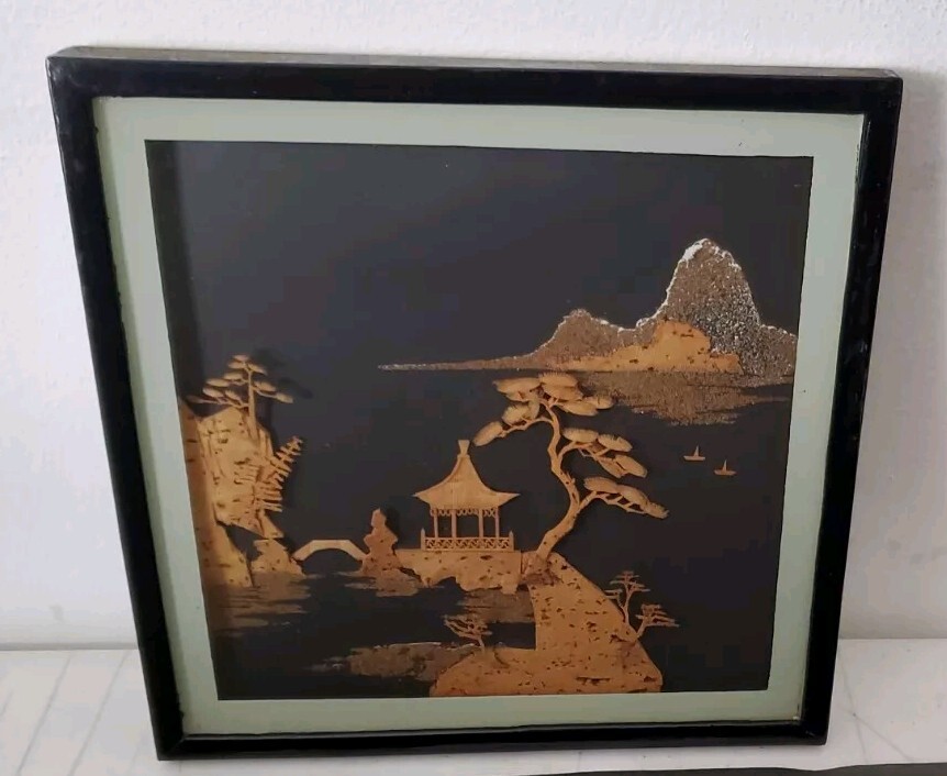 Vintage Asian Chinese Hand Carved Cork Art Diorama Pagoda 3D Framed