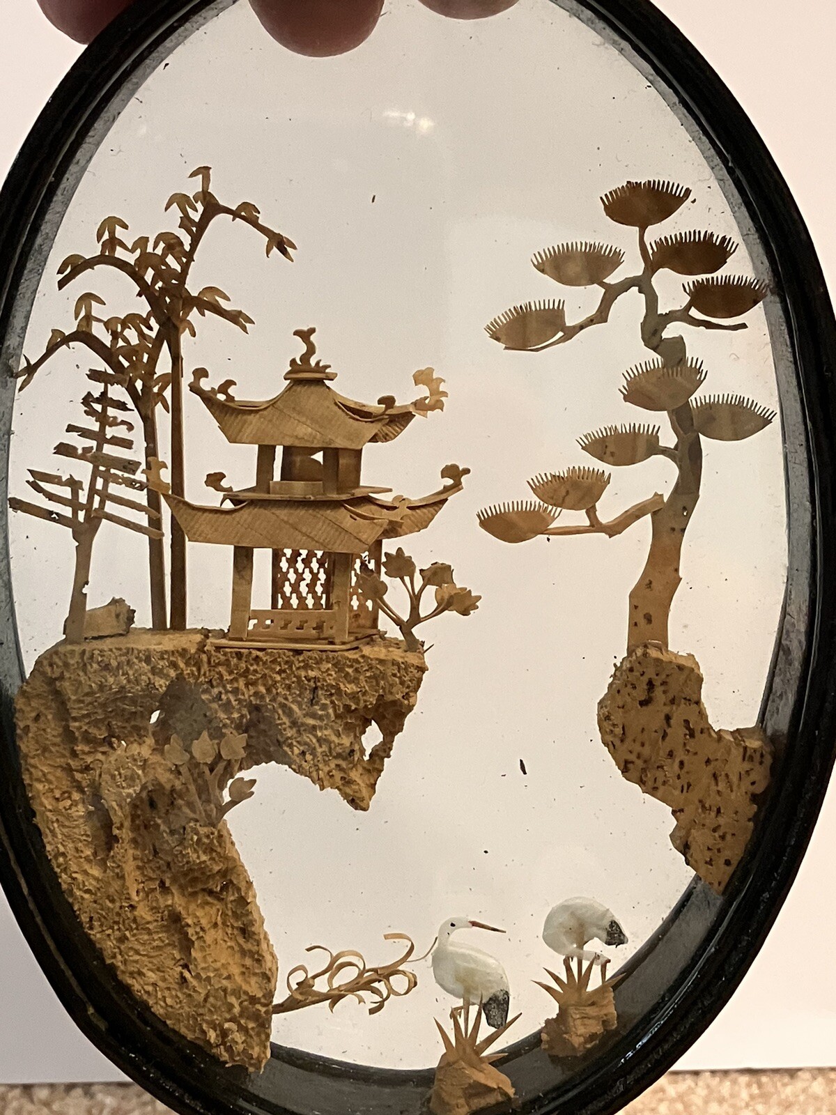 Vintage Chinese Cork Carving Diorama Set Of 2 Lot Cranes Pagoda Lacquered Wood