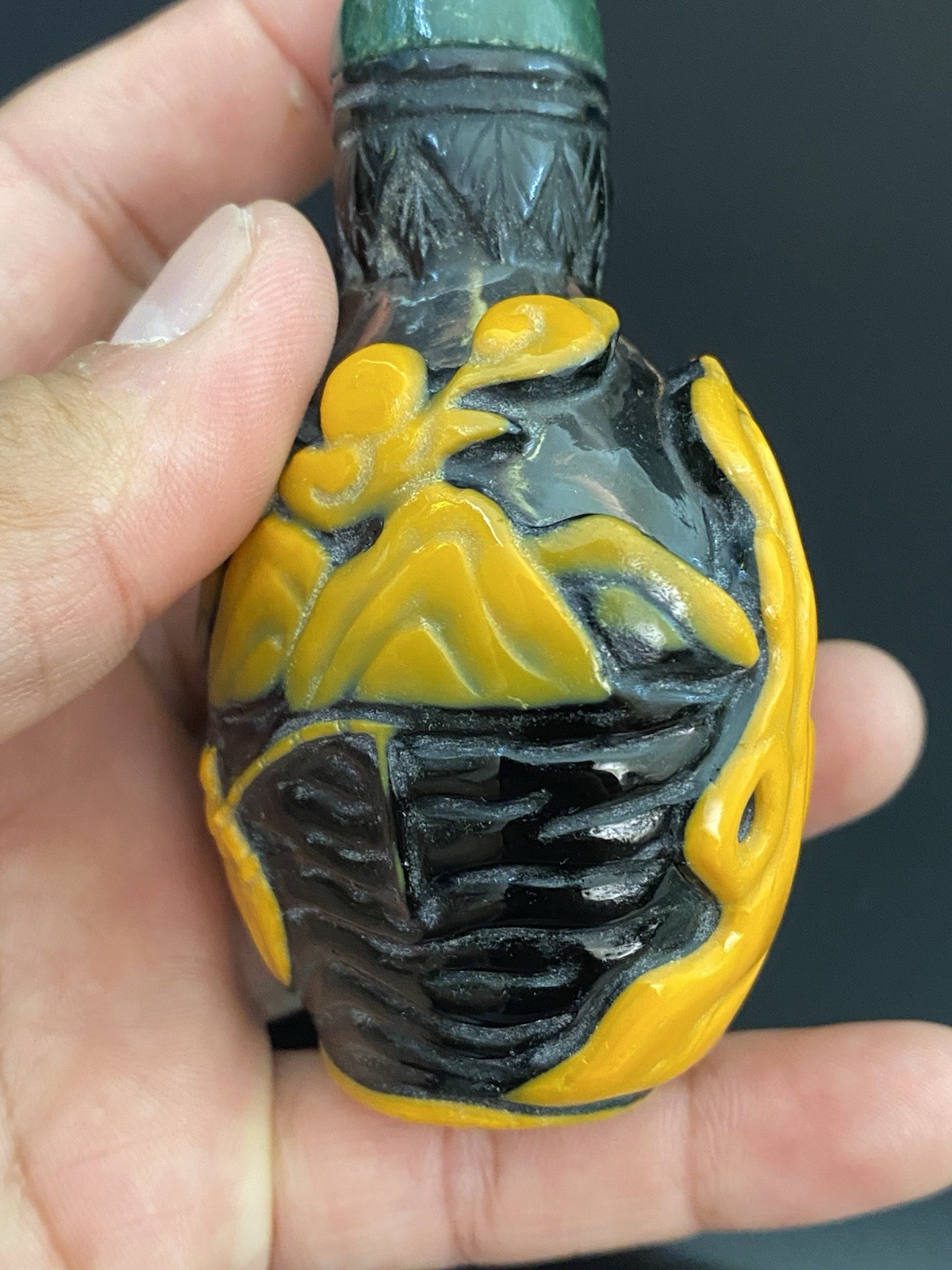 Antique Chinese Black Peking Glass Orange Overlay Snuff Bottle Jade Top