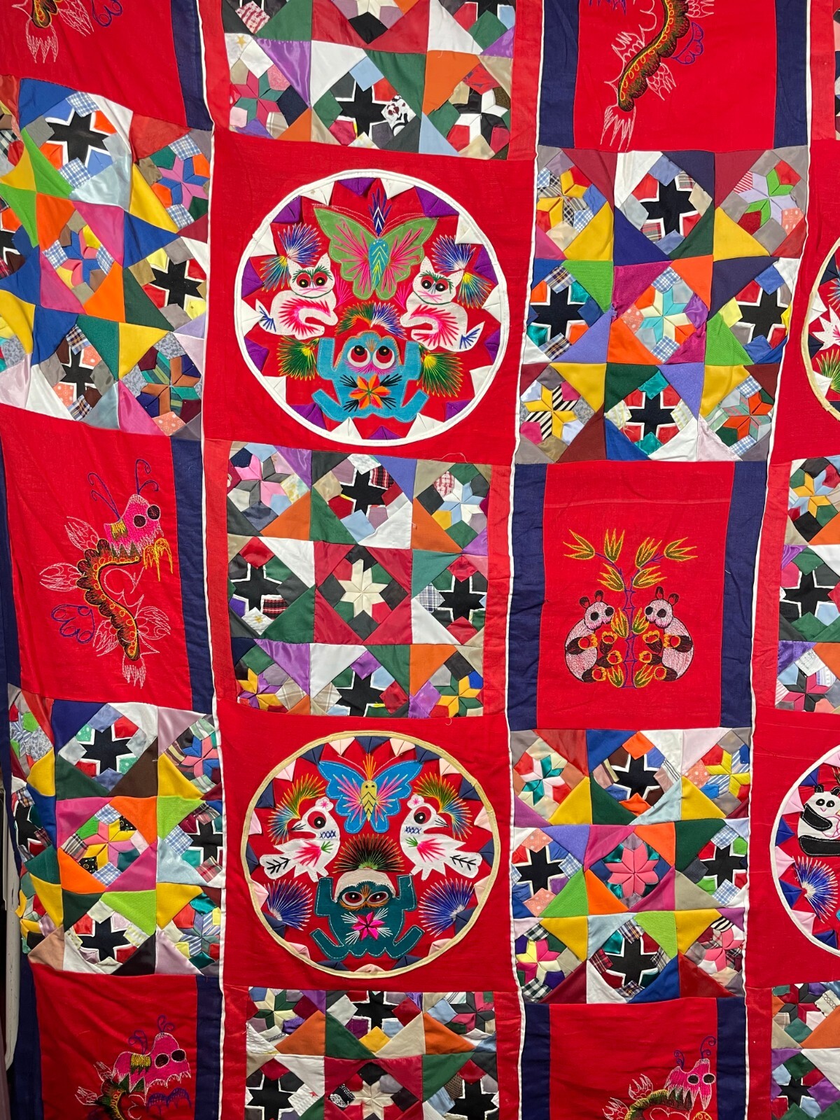 Chinese Bai Jia Bei Patchwork Quilt 62″ x 60″ double sided Frog Panda Dragon