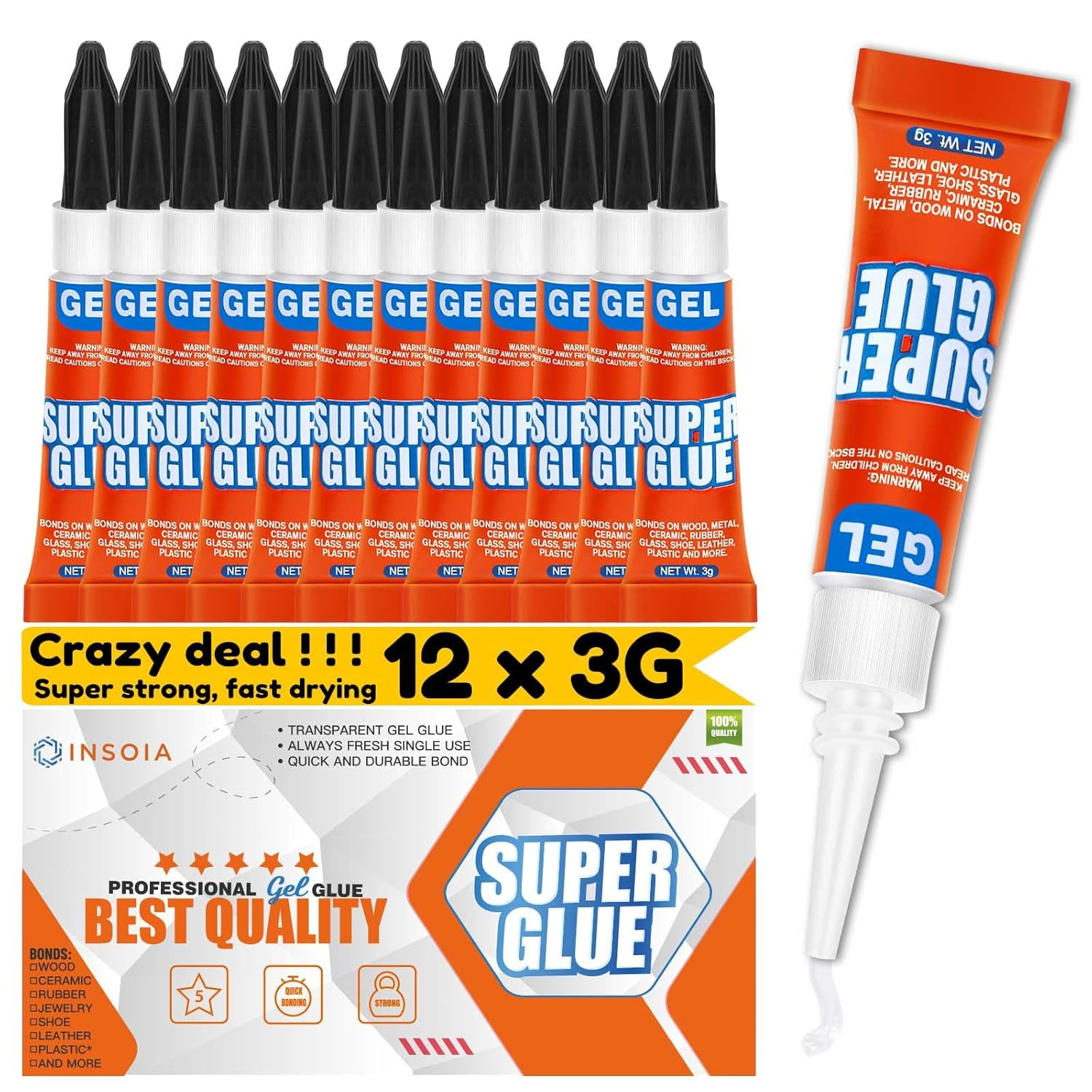 12-Pack Super Glue Gel Clear � 3g Strong Non-Drip Adhesive for Plastic Metal
