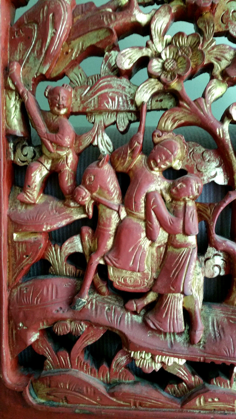 ANTIQUE CHINESE CARVED WOOD Wall Furniture PANEL Gold Red