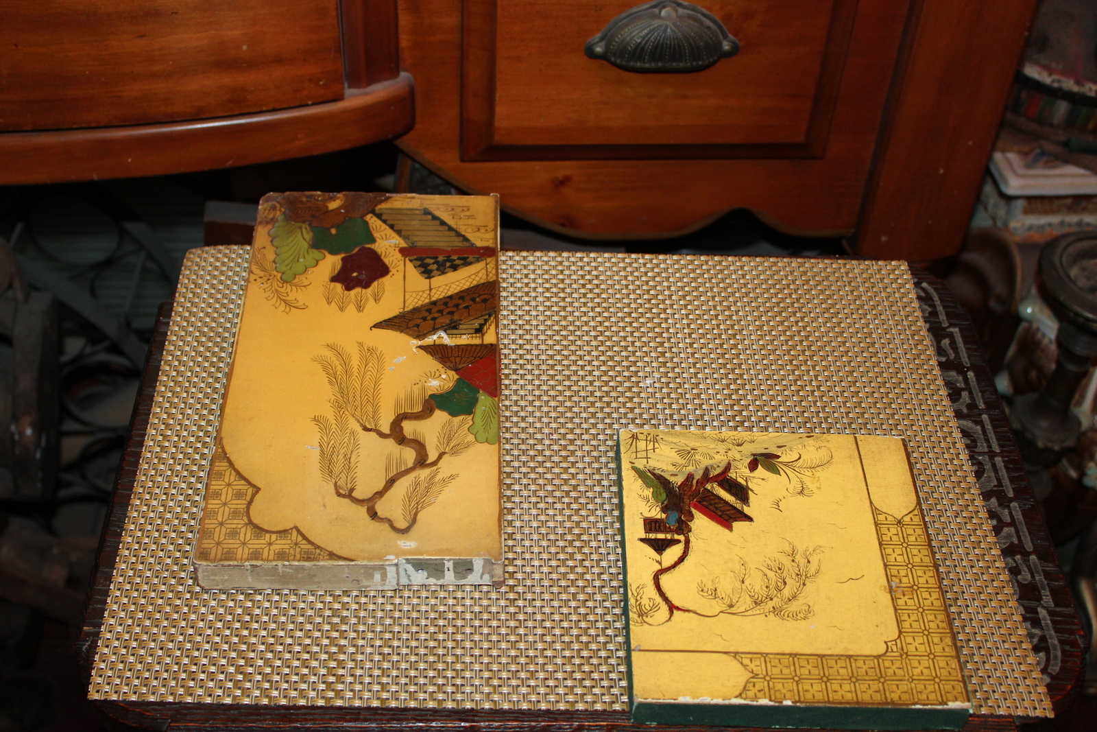 Pair Chinese Wood Painted Furniture Panels Village Trees