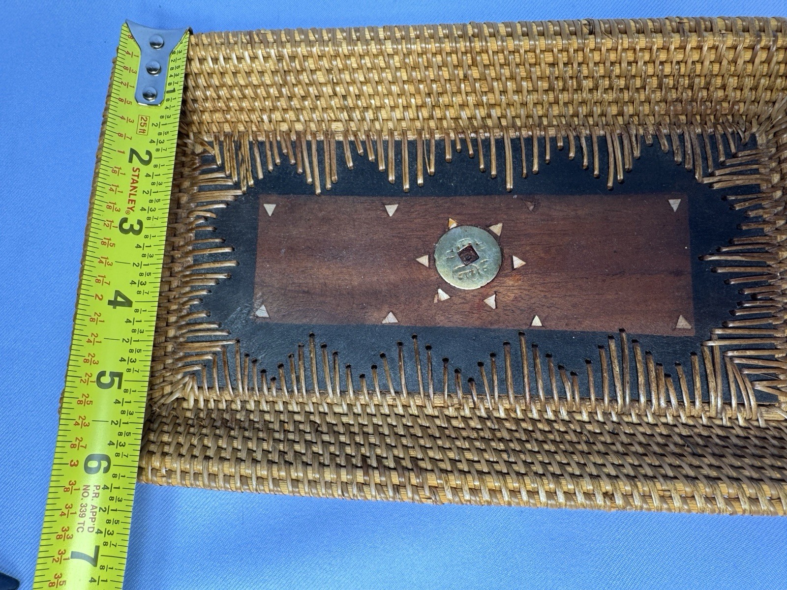 Vintage Chinese Wood Tray With Embedded Coin, Woven Sides Inlaid Wood 10x6x1