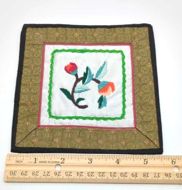 Vintage Chinese Silk Hand Embroidered Flower 5.5″ Unframed Panels Set of 4