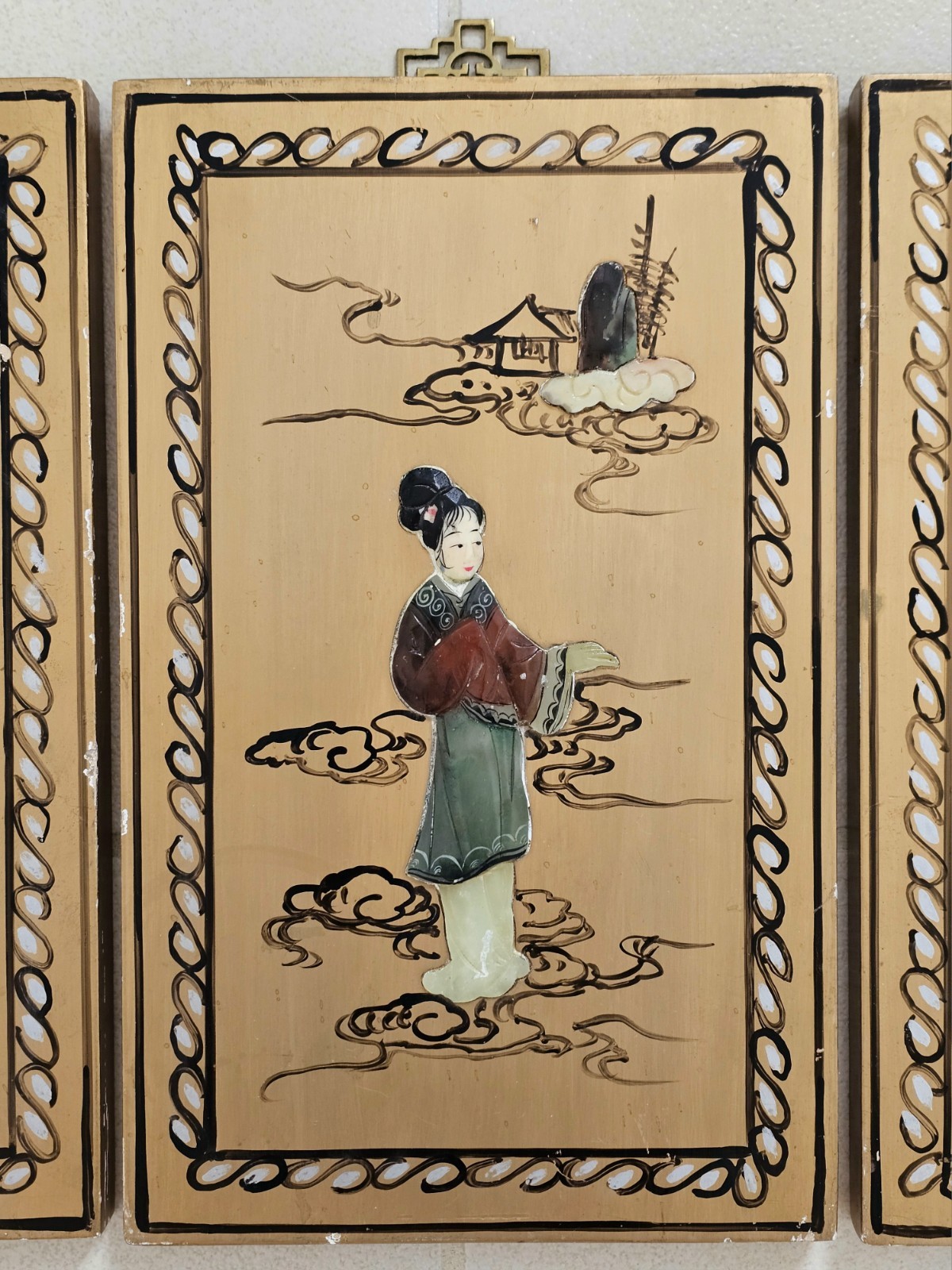 3 Painted Wood ASIAN ART PANELS Inlaid Stone 3D Geisha Figures Chinese VTG Decor