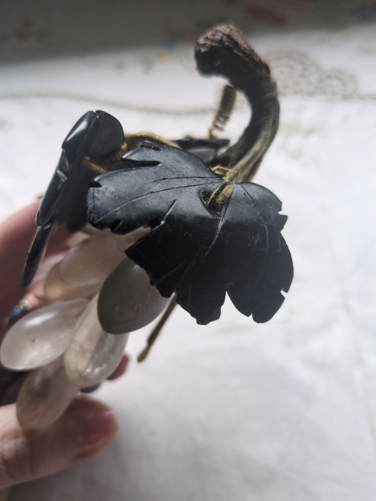 Vintage Chinese Carved Rose-Quartz, Amethyst Grape Cluster With Jade Leaves 7″