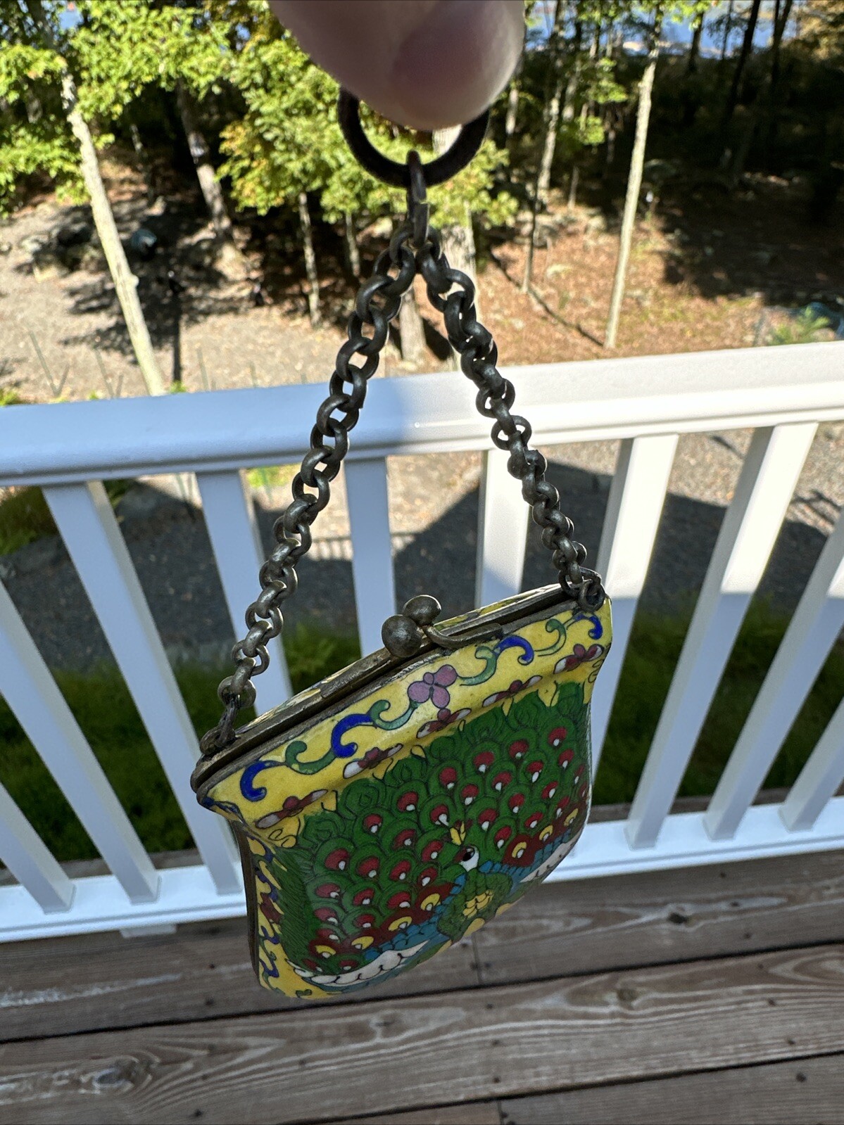 Vintage Chinese Enameled Peacock 3.5” Hinged Coin Purse w/ Chain Strap