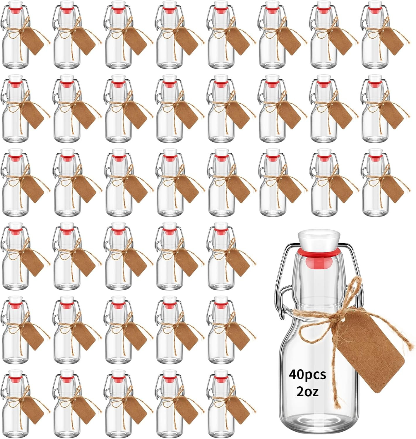 40Pack Mini Swing Top Glass Bottles, 2 Oz Mini Storage Bottles with Personalized