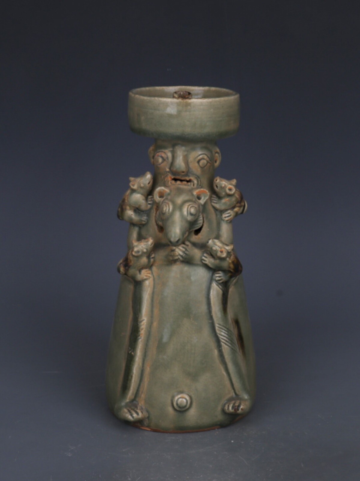10.8″ Chinese Yue Kiln Green Glaze Porcelain Stippling Animal Five Mice Oil Lamp