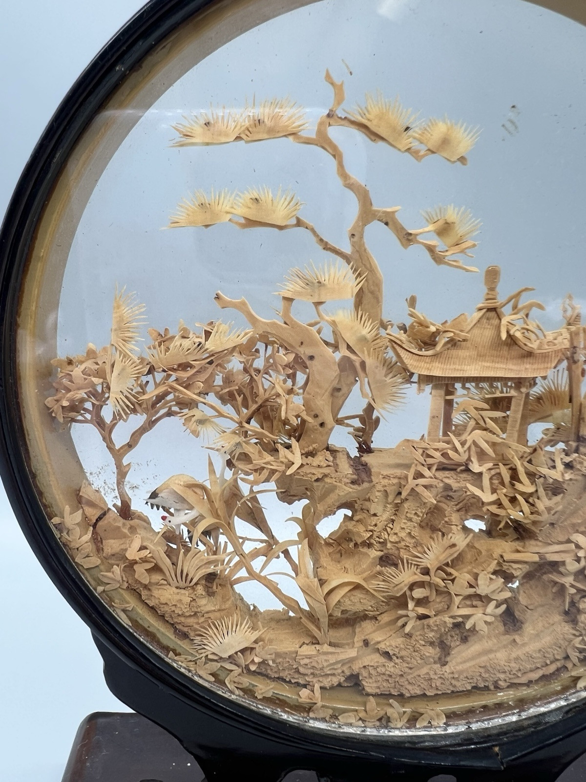 Vintage Chinese Cork Carving Encase Round Diorama Pagoda Trees Cranes 7″