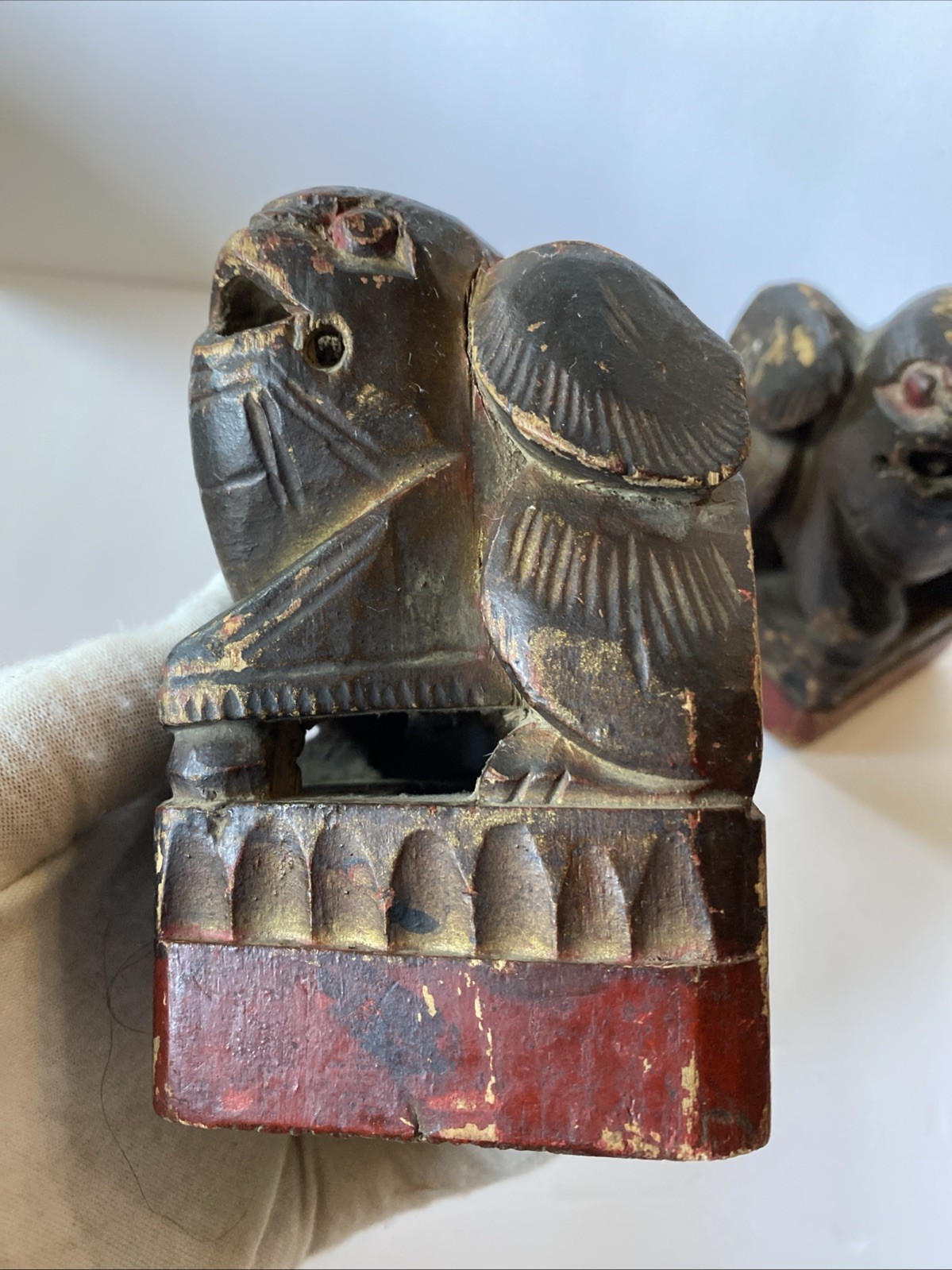 Pair Antique Chinese Hand Carved Wood Foo Dog Creature Statue Rattle