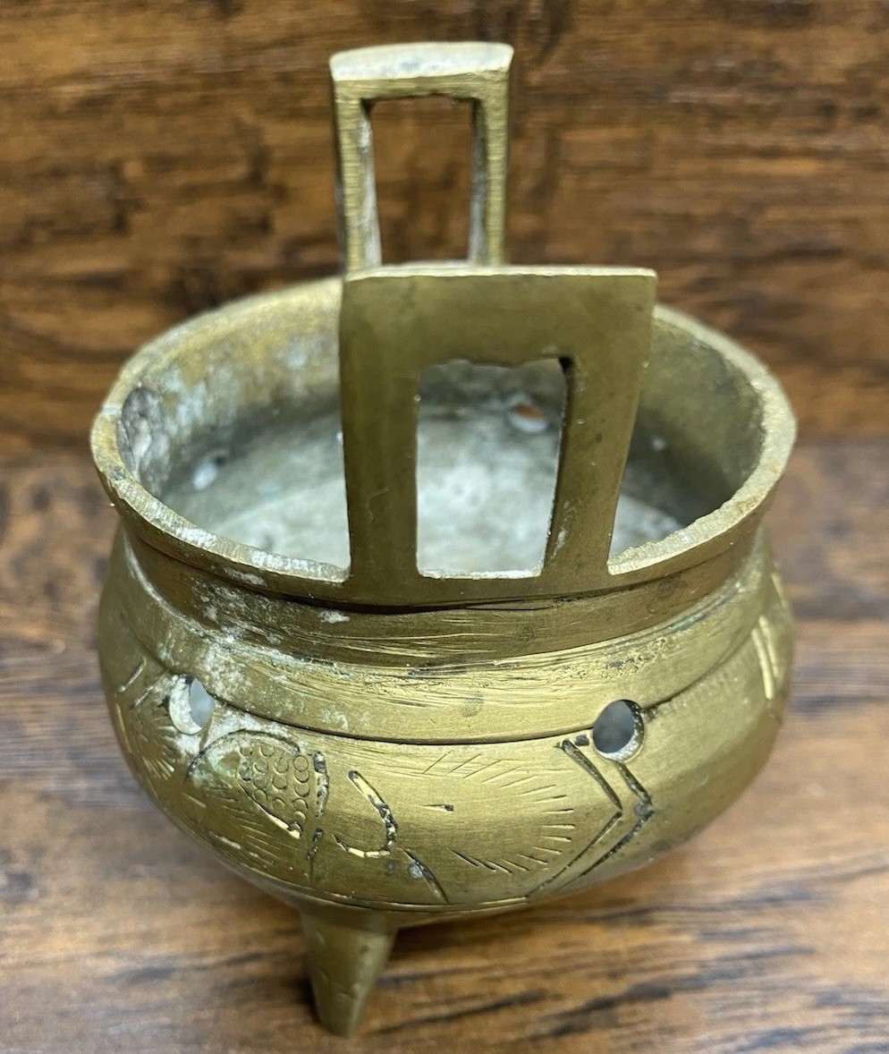 Chinese Brass Tripod Censer Incense Burner Altar Bowl Marked Vintage