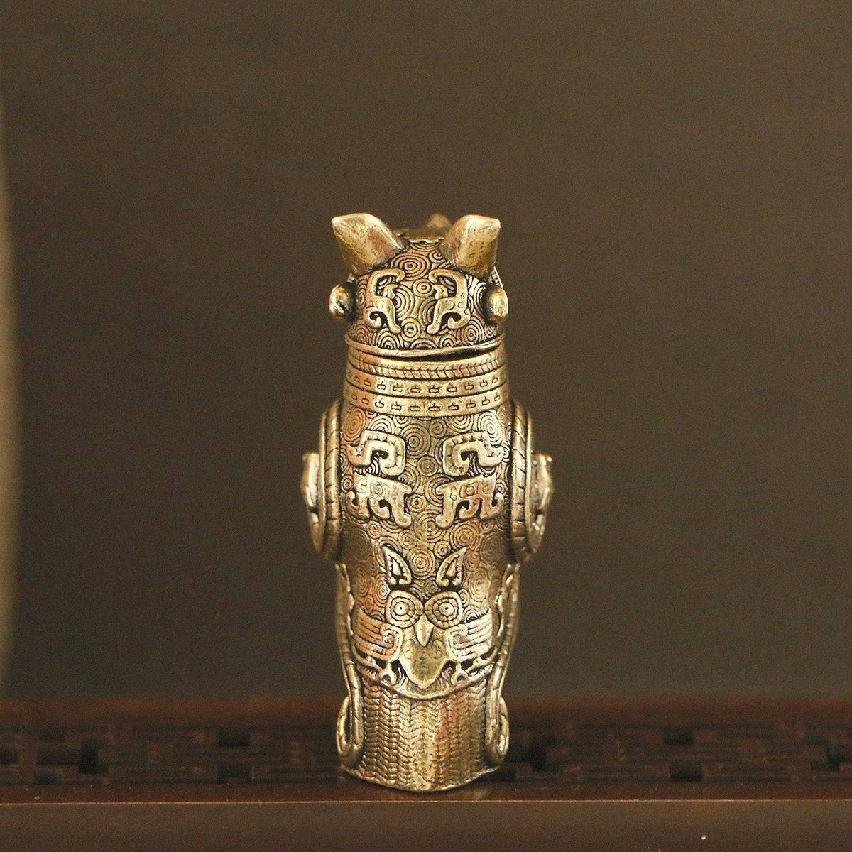 Brass Fu Hao Owl Zun 5.2cm Antique Craft Desktop Ornament Copper Art
