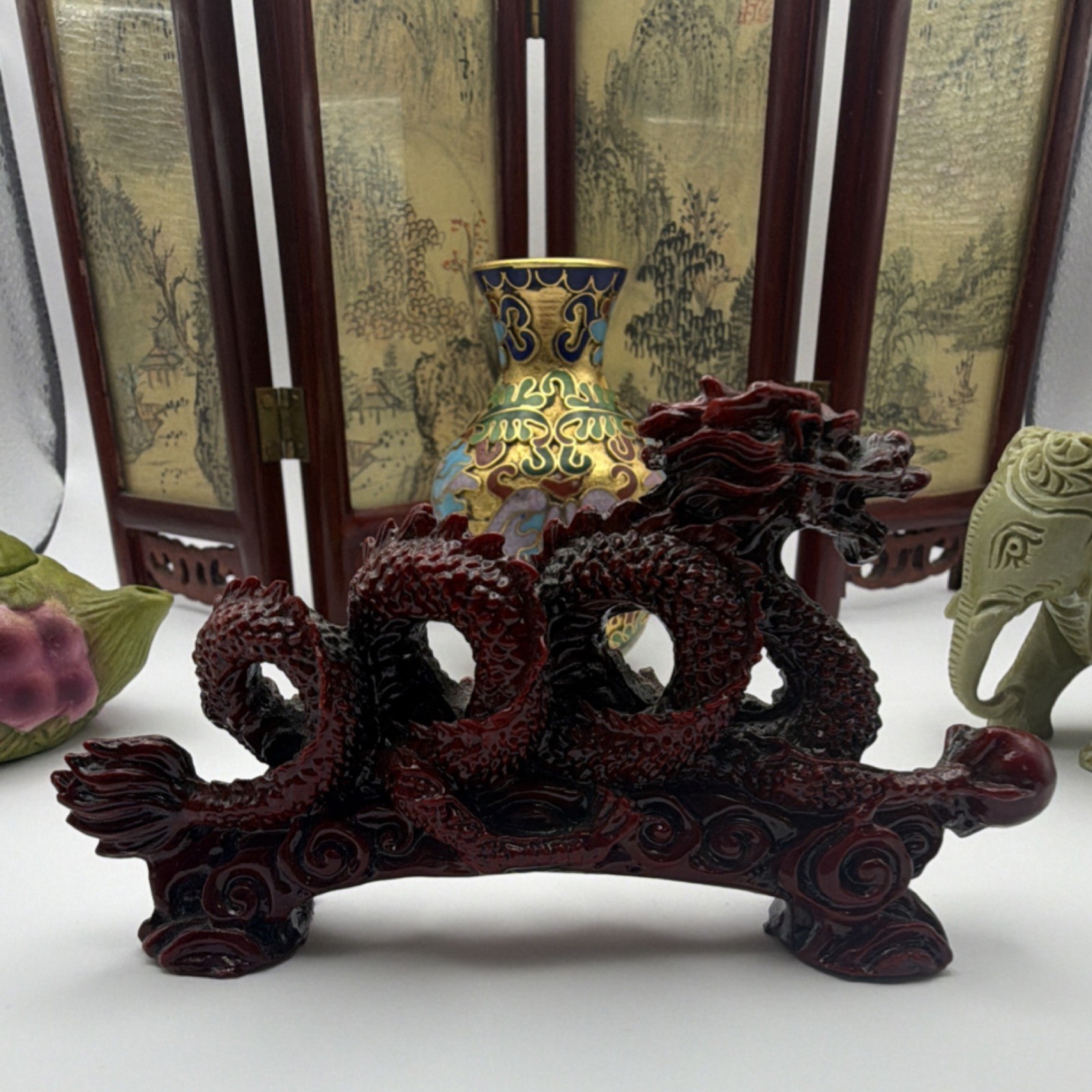 Antique Chinese Handmade Collectible Set: Vase, Teapot, Dragon, Elephant, Screen