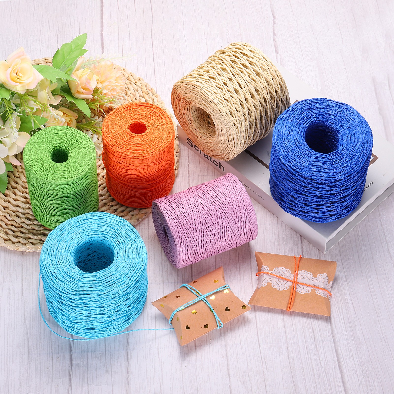 Natural Cotton Raffia Yarn 328Yard Craft Raffia Ribbon Crochet Yarn Milk White