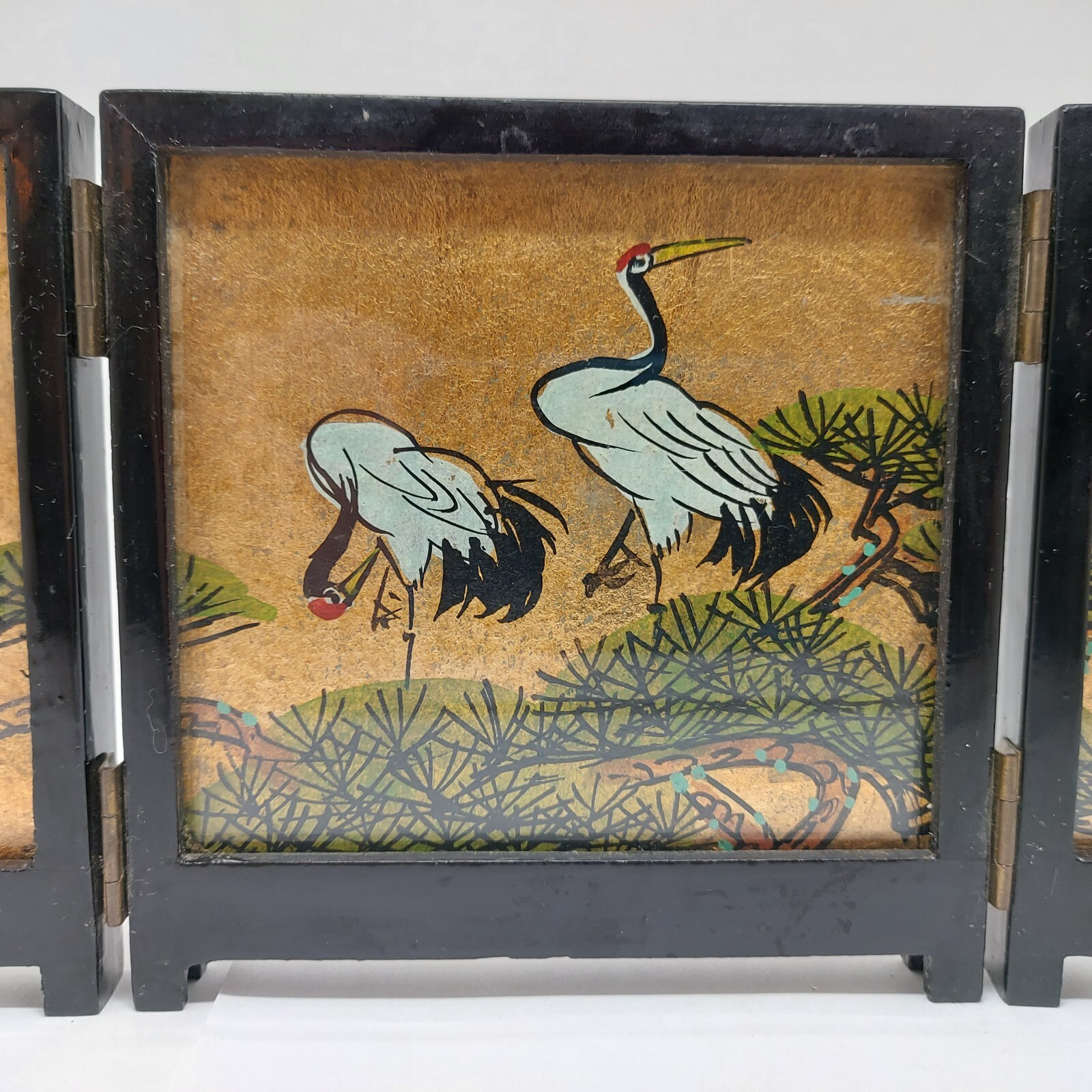 2 Vtg Small 3 Panel Table Top Screens Hand Painted Silk Cranes Birds Flowers