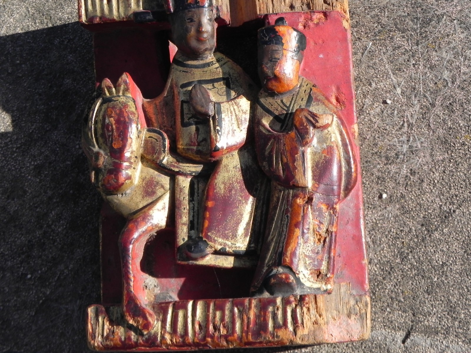 Antique Chinese painted wood carving figures and horse gold and red paint