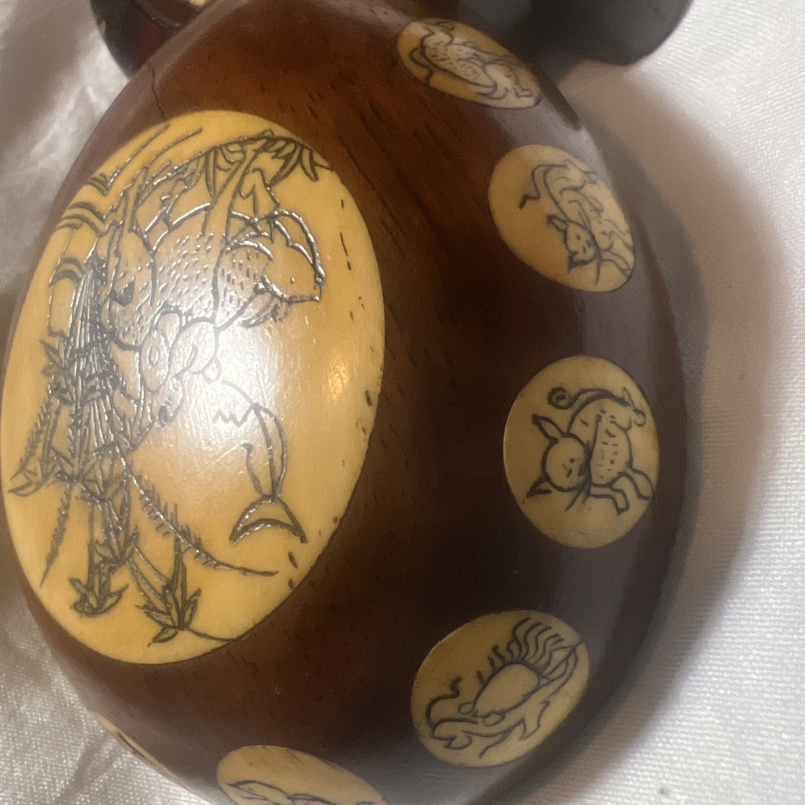 Vintage Carved Wood Turtle with Inlaid Chinese Zodiac Signs Opens to Compass