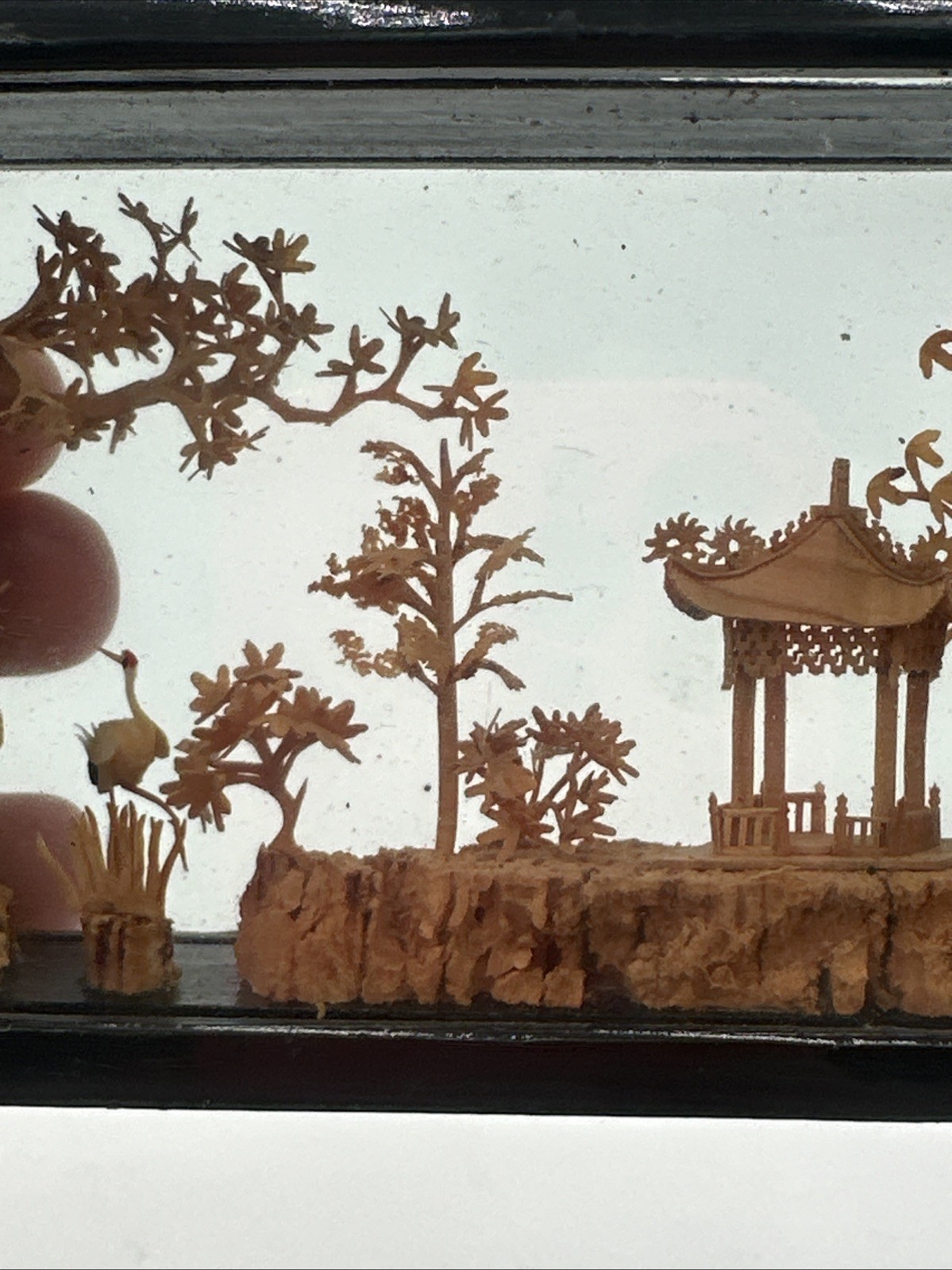 Vintage Chinese Cork Art Shadow Box Pagoda Cranes Scenic Diorama Framed C Detail
