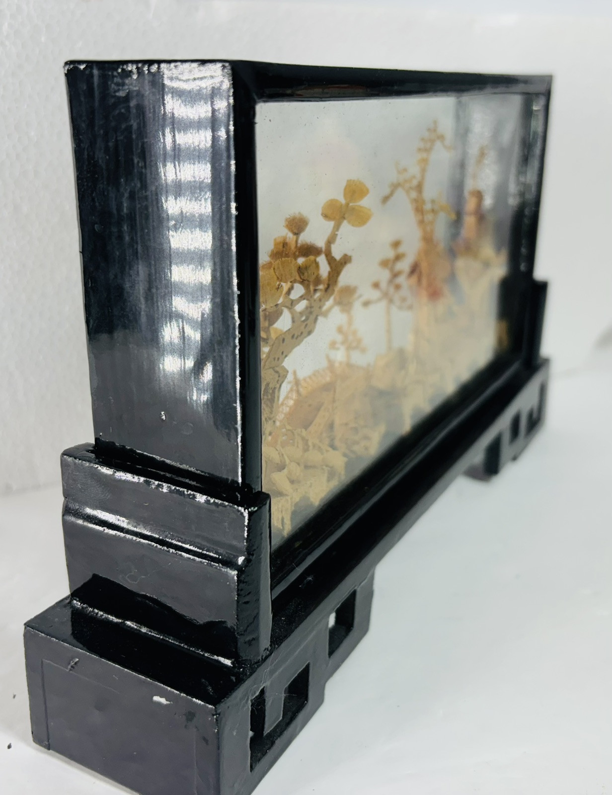 Vintage Hand-Carved Chinese Cork & Wood Diorama Encased In Glass & Wood Stand