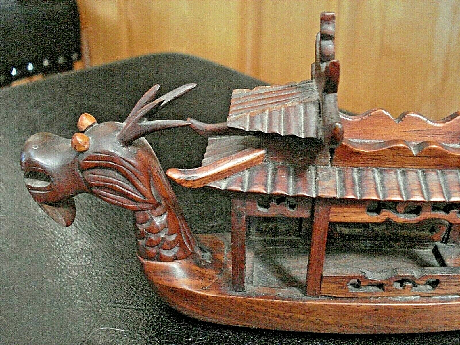 RARE VINTAGE Hand Carved Chinese Teak Wood Dragon Ship Removable Head & Tail